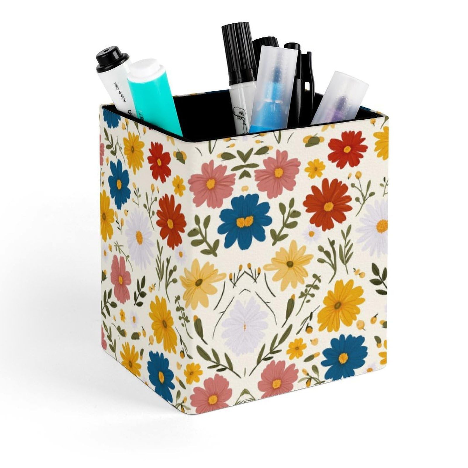 Flowers Print Square Leather Pen Holder, Minimalist Desk Organizer for Office…