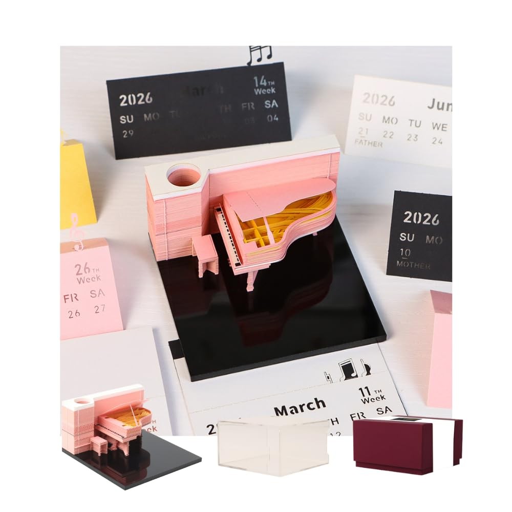 Time Piece Calendar, 3d Memo Pad Creative Desk 2026 Calendar Pink Piano