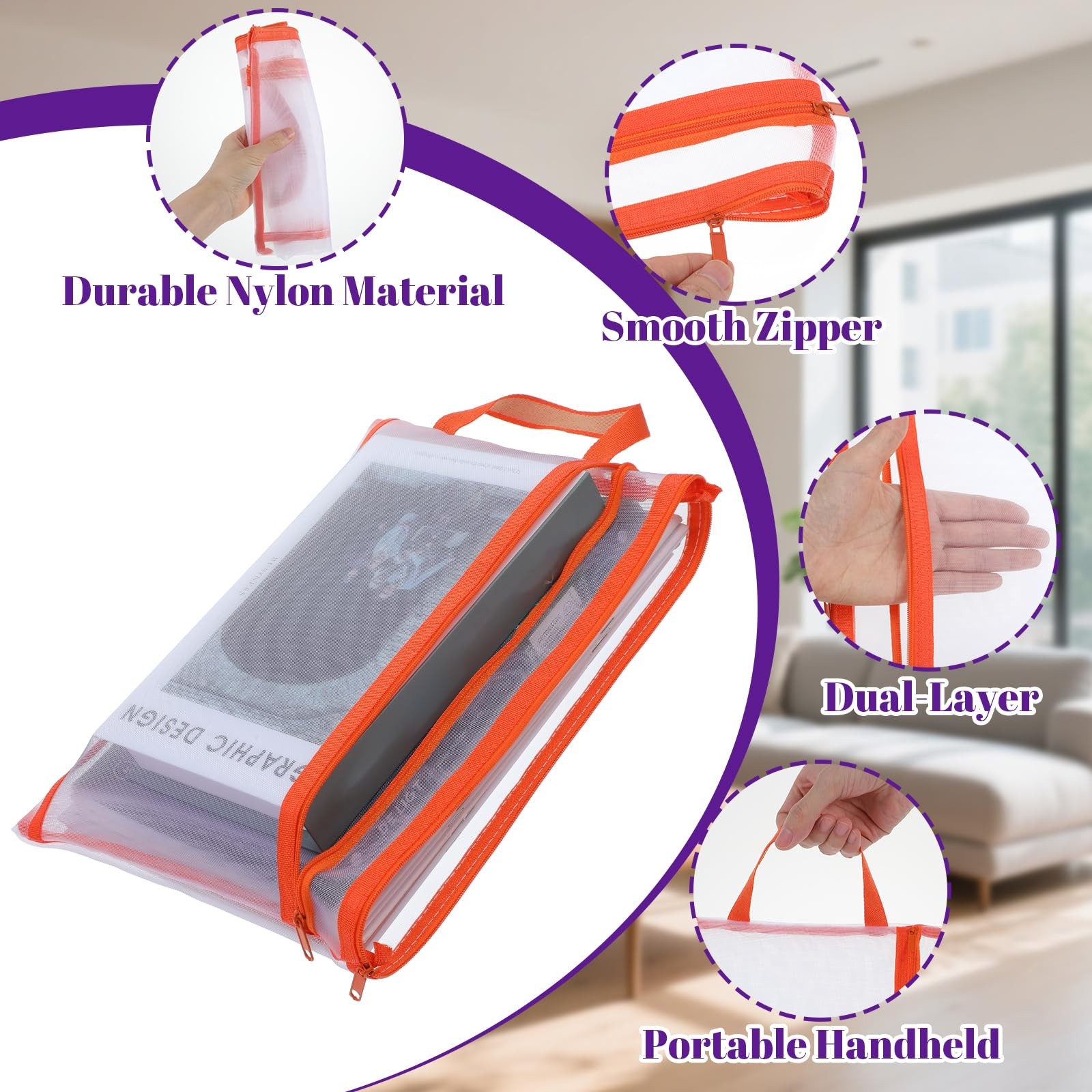 12 PCS Mesh Zipper Pouch Bags DoubleLayer Nylon Document Organizer 6 Colors