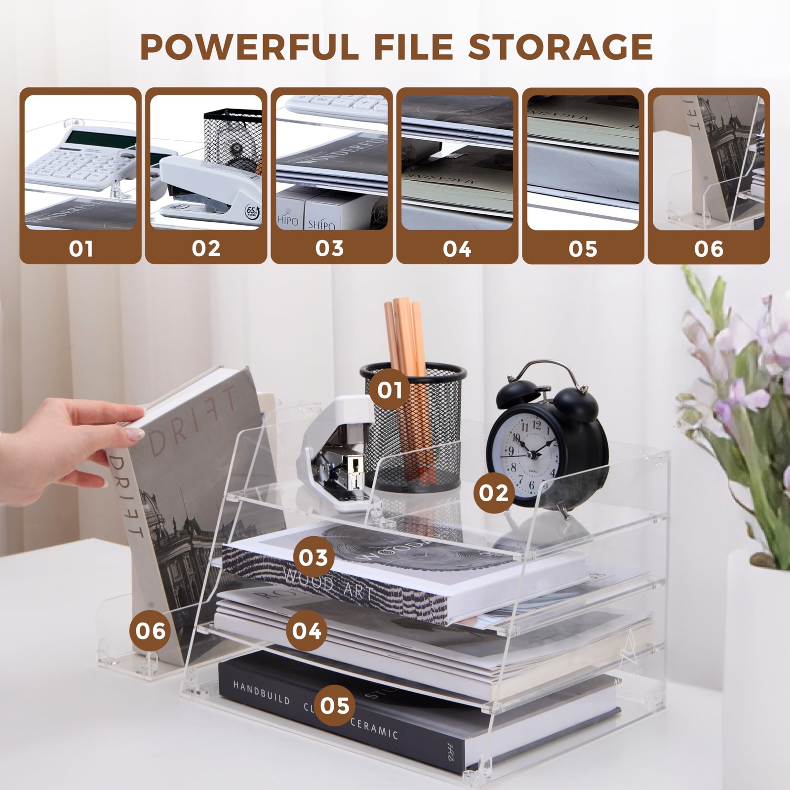 , Acrylic Desk Organizer – 4-Tier Tray with Vertical File Holder for Books, S…