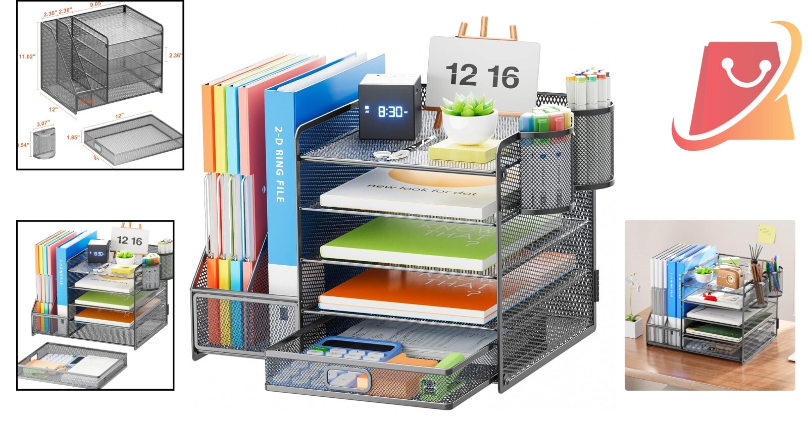 5-Tier Metal File Letter Tray Organizer with Drawer for Office Supplies Grey