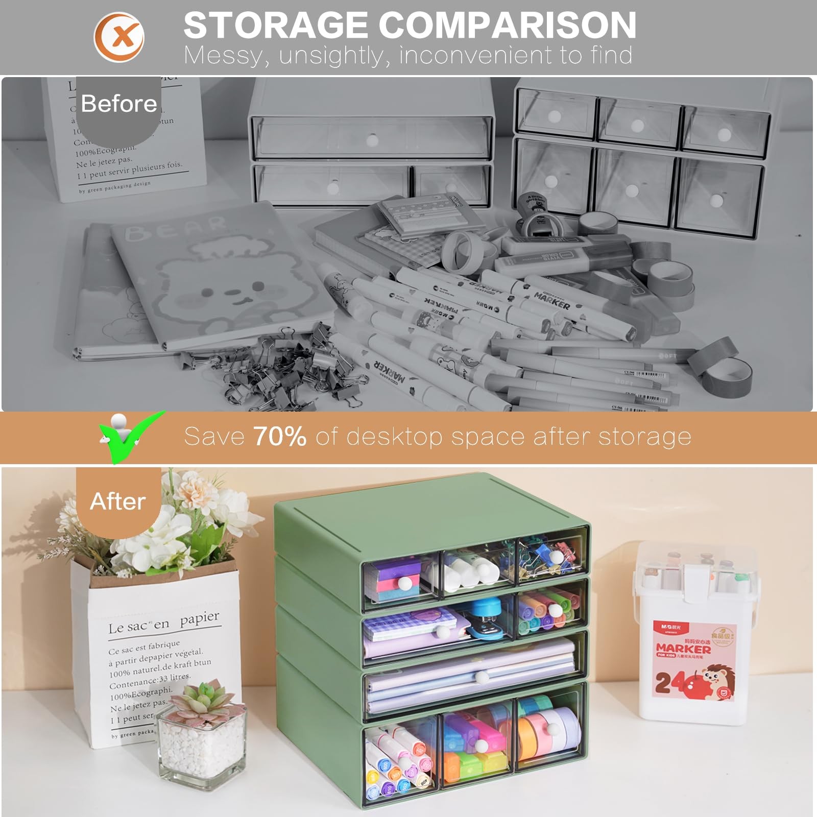 FODIENS 9Drawer Stackable Desk Organizer, Clear Storage Box, Green