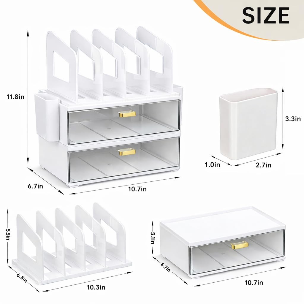 CiWiVOKi White Desk Organizer with 4 File Holder Slots, 2 Clear 5 pc,