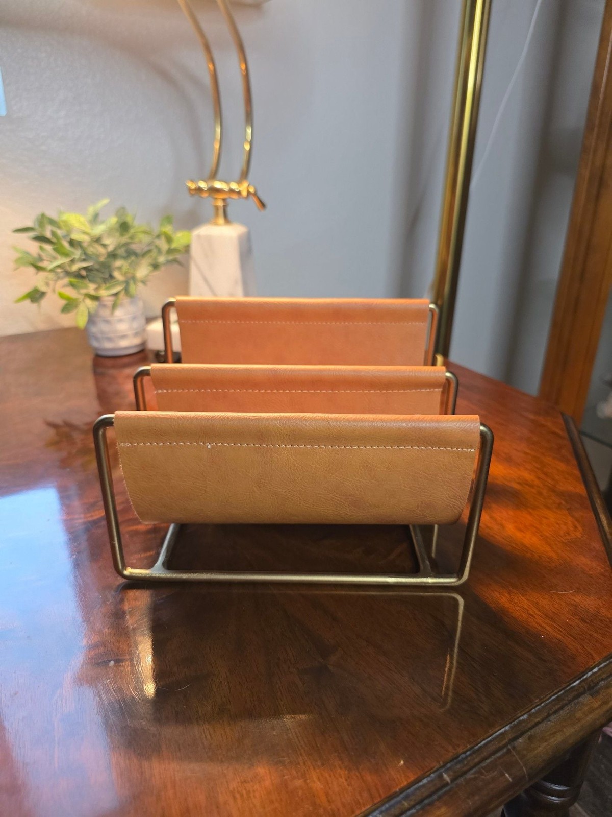 Small Modern 2-Slot Mail and File Holder with Brass Frame and Tan Faux Leather