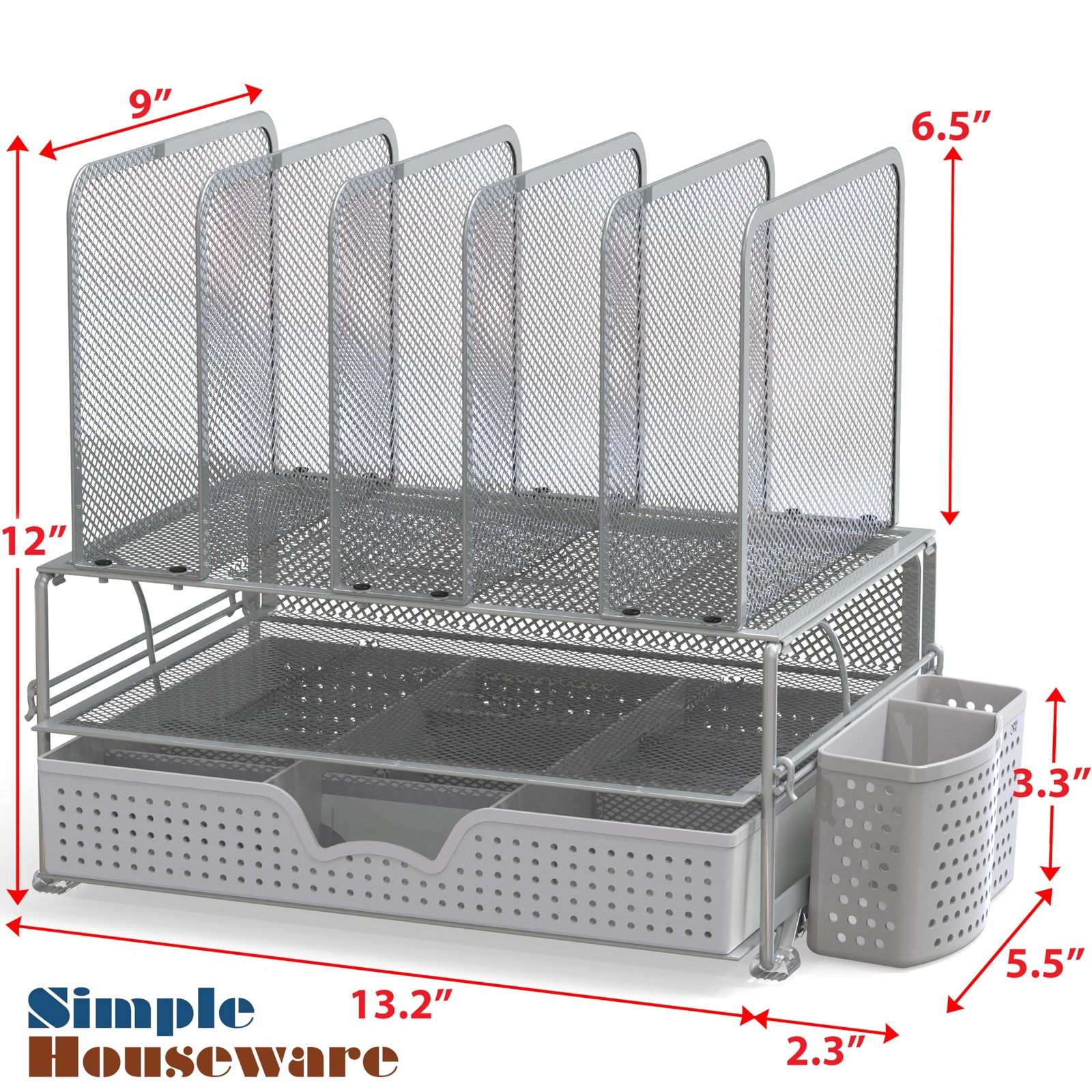 Mesh Desk Organizer with Sliding Drawer, Double Tray and 5 Upright Sections, …