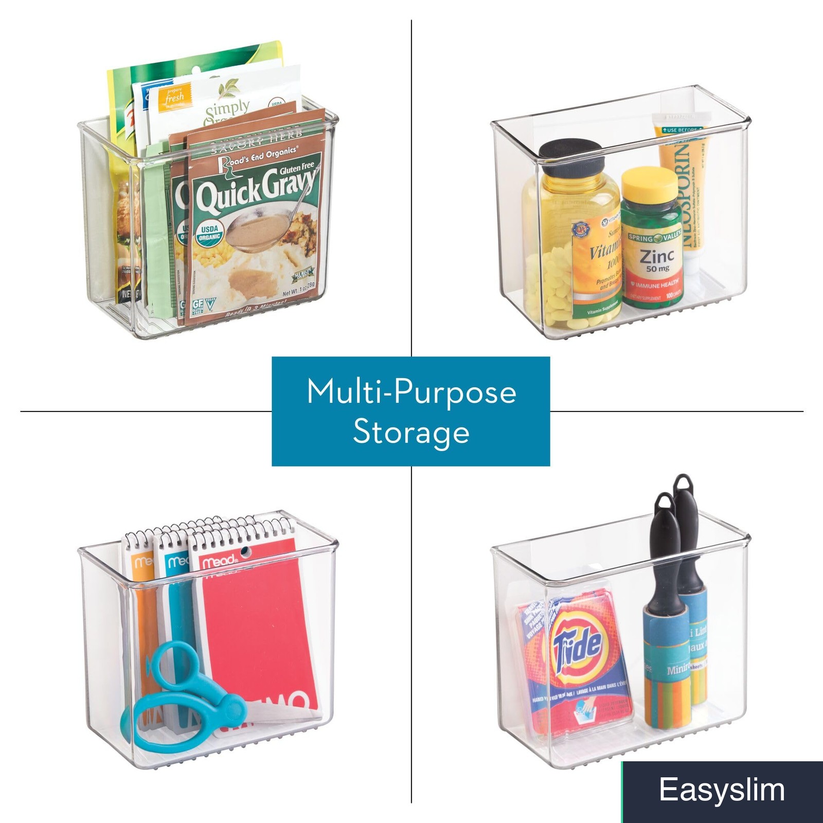 Self-Adhesive Wall Organizer Bins, Set of 2, Clear Plastic, 3.05×5.88×5