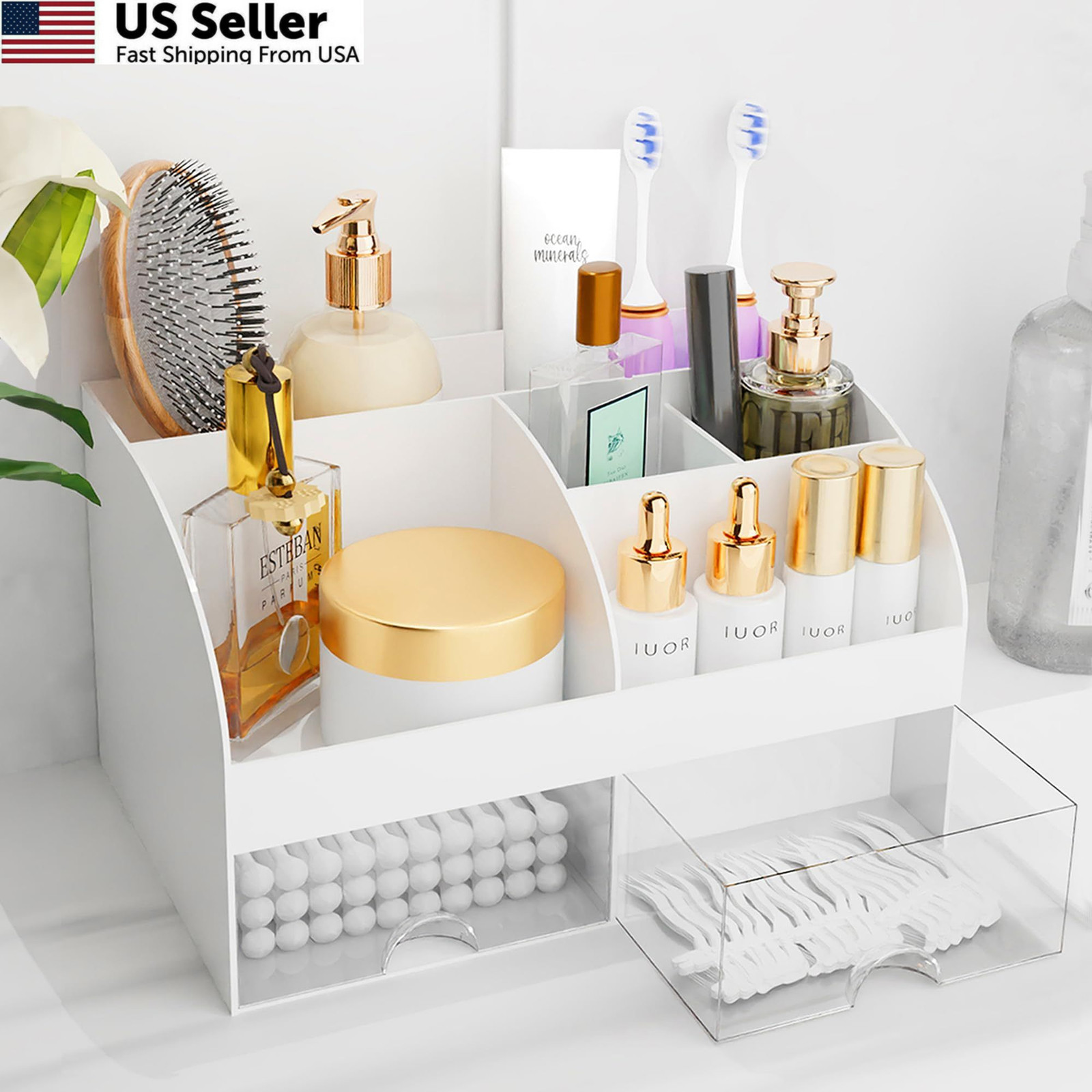 Makeup Organizer with Drawers, Cosmetic Storage for Dresser Vanity and White