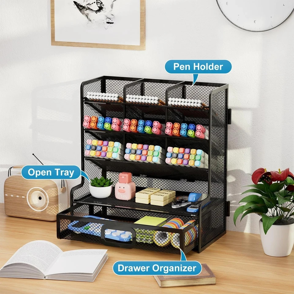 Larger Mesh Desk Organizer with Drawer, Multi-Functional Pen Pencil Holder, E