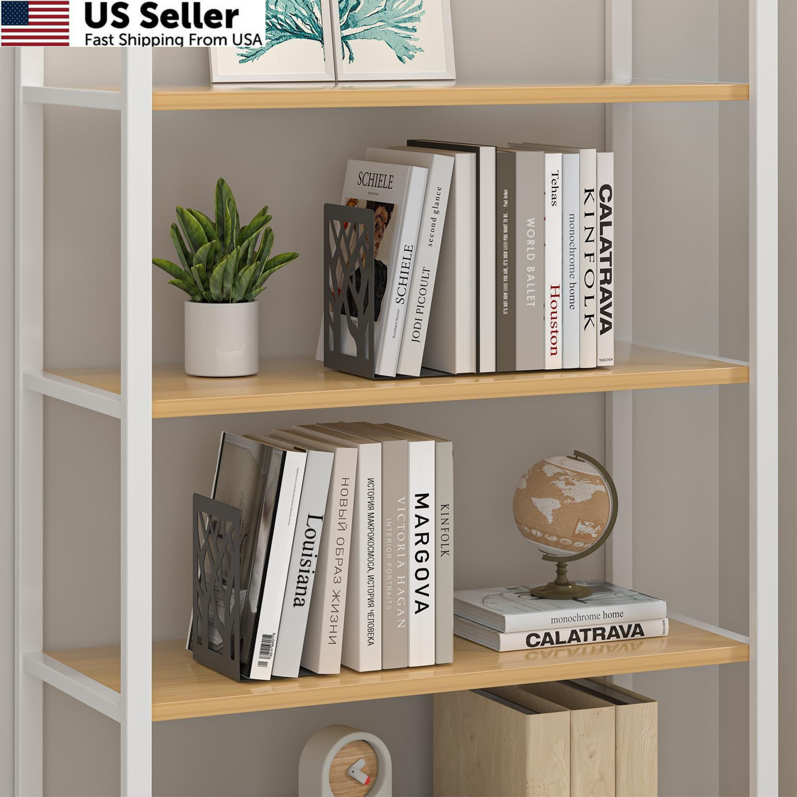 ALOTCHE Bookends 4 Pieces, Tree Design Modern Metal Black 4 Pieces