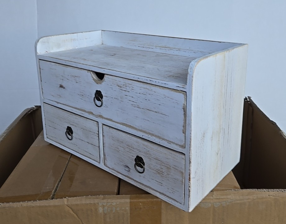 SeekElegant Wooden Desktop Organizer w/ Drawers, White Washed NEW (49B)