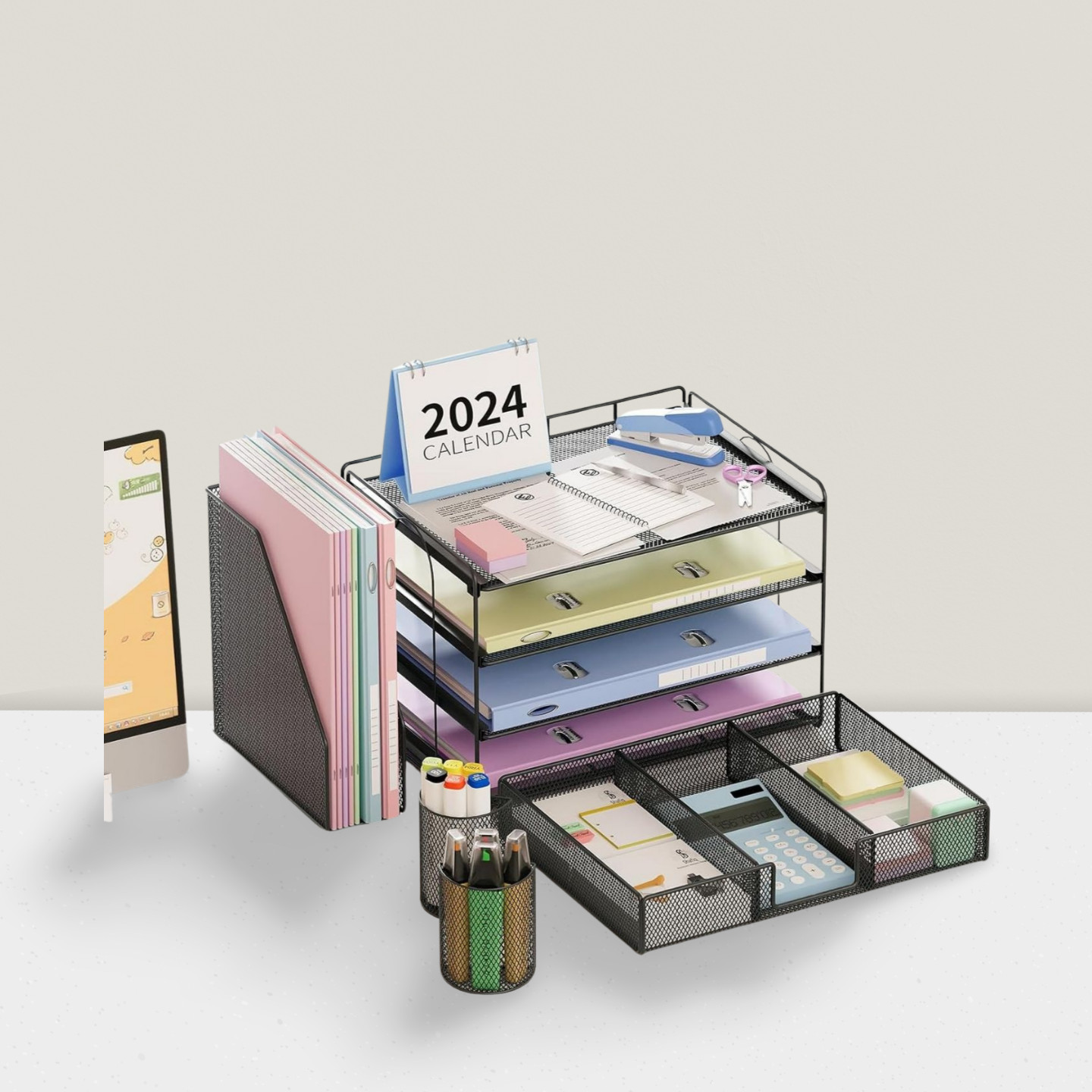 Desk Organizers 4-Tier Paper Organizer with File Holder and 2 Pen Holders Black