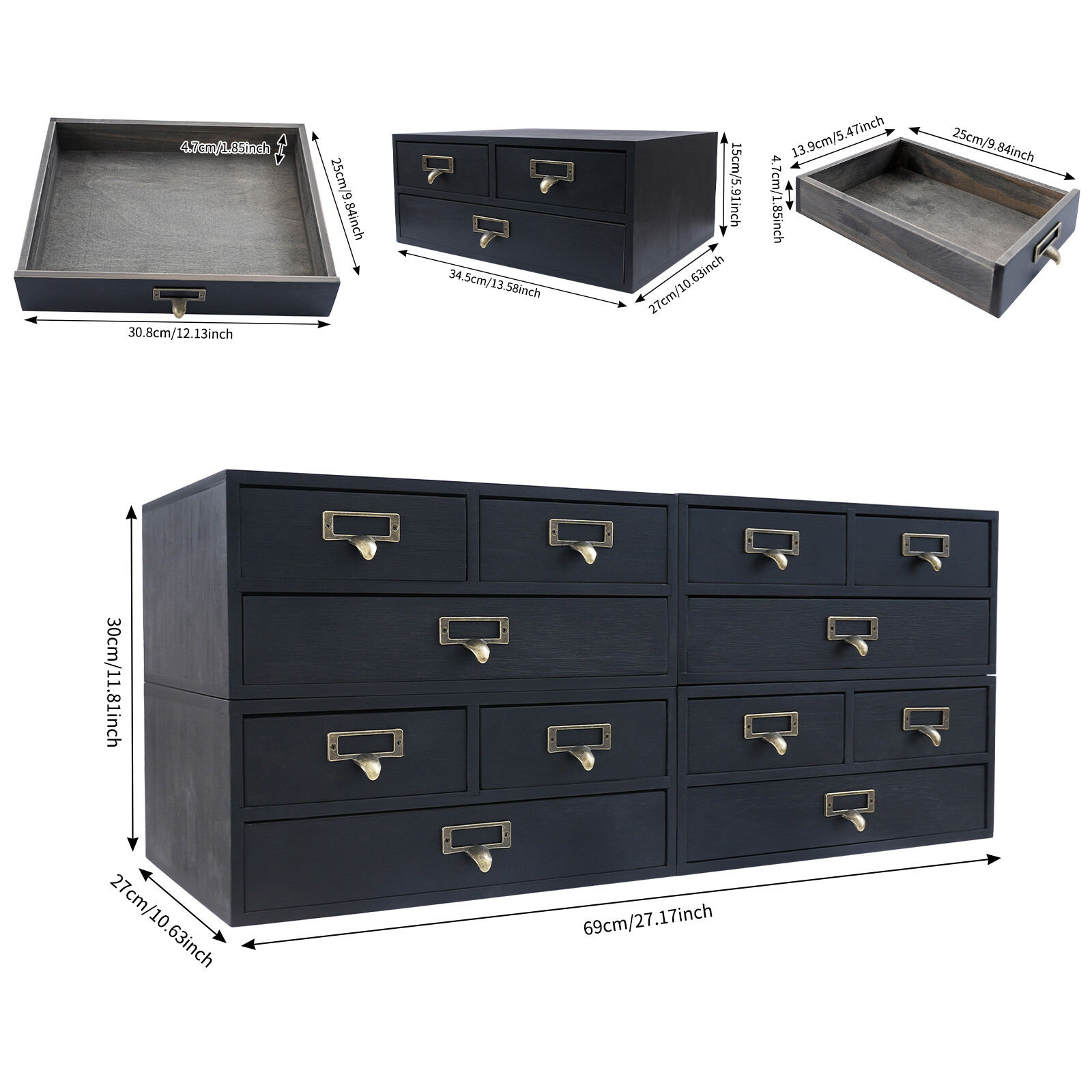 4 Pack 3 Drawer Wooden Desktop Organizer Drawer Storage Box For Tabletop- Black