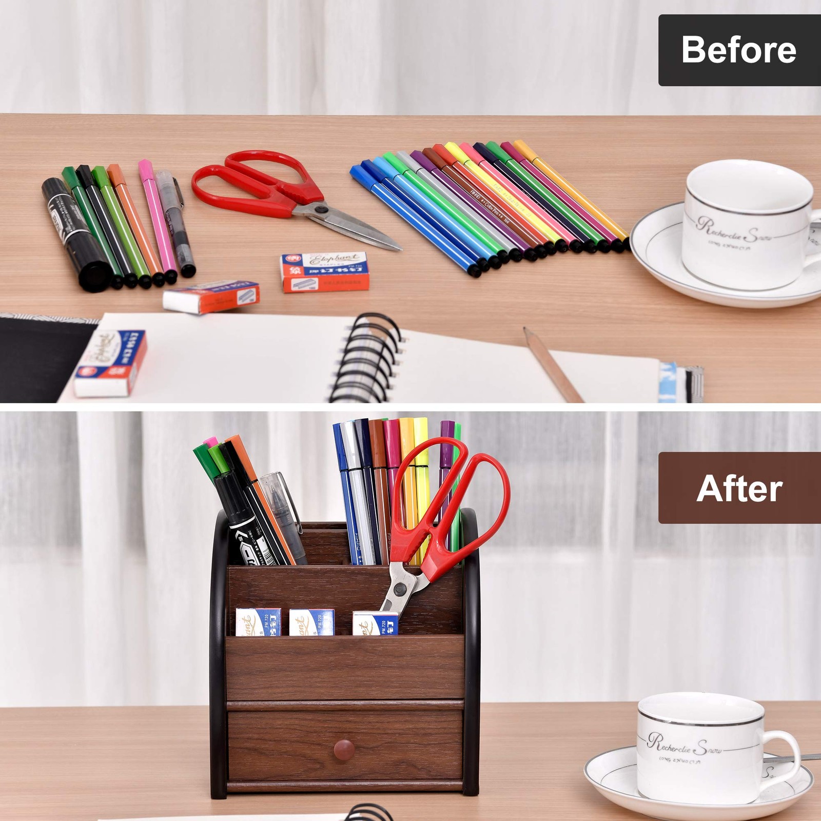 Wood Desktop Organizer with Drawer Remote Control Holder