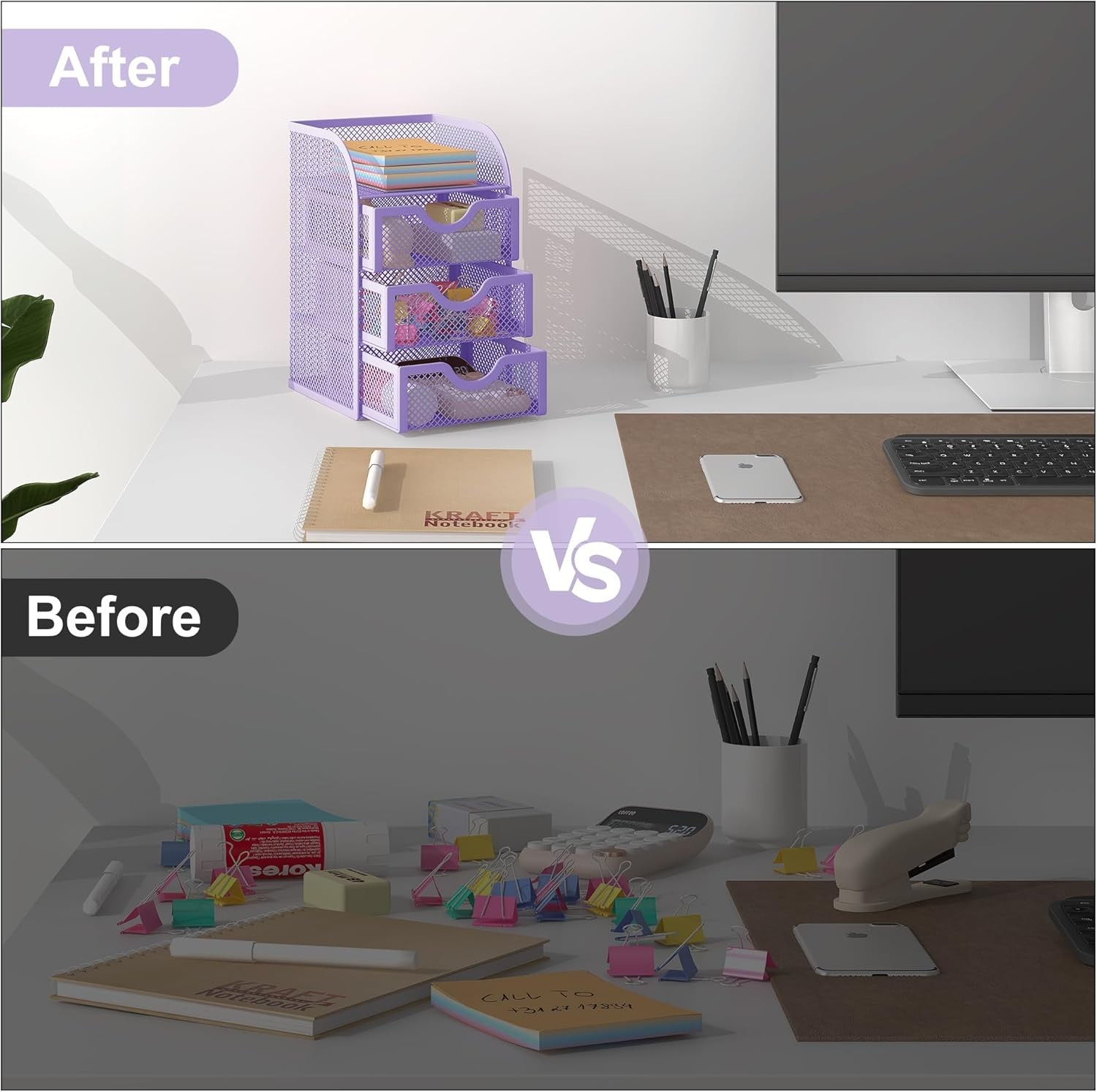 Elegant Rust-Resistant Purple Desk Organizer with 3 Drawers for Home or Office