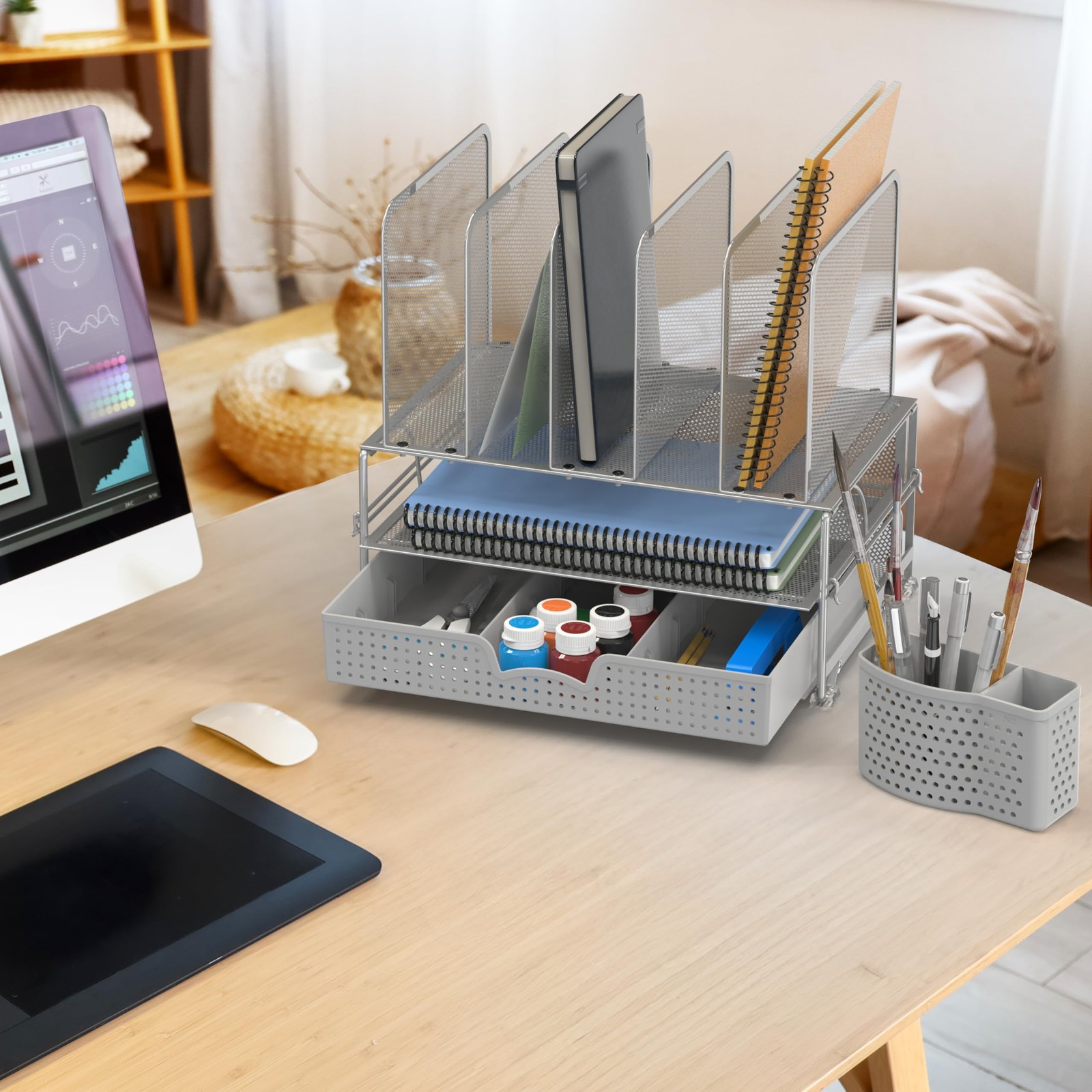 Mesh Desk Organizer with Sliding Drawer, Double Tray and 5 Upright Sections, …