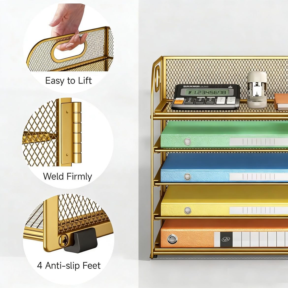 Lavatino Desk Paper Organizer Trays, Gold 5-Tier Mesh File Folder Sorter with