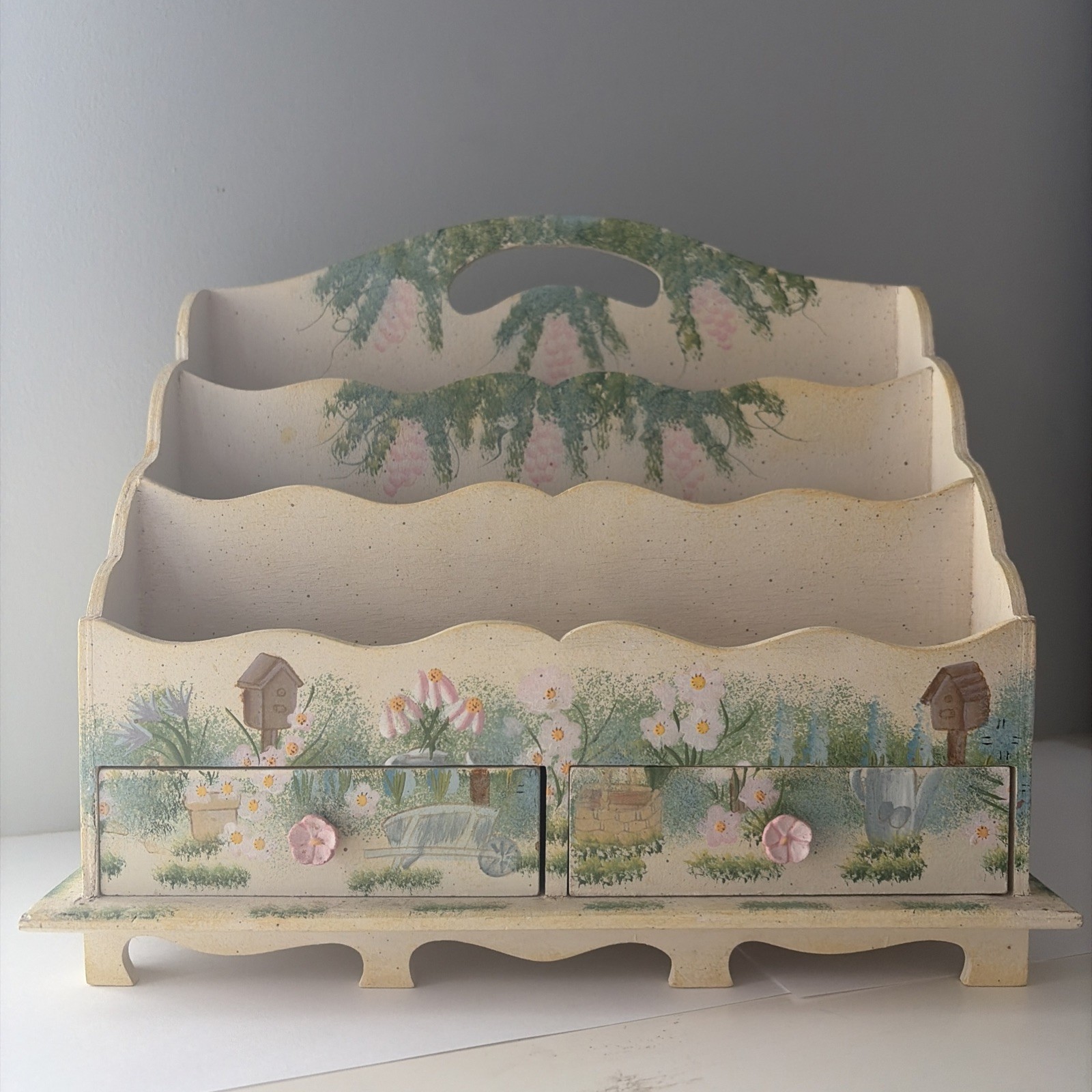 Cottage core Handpainted garden floral Wood Desk Caddy 10 X 5.25 x 8.5″