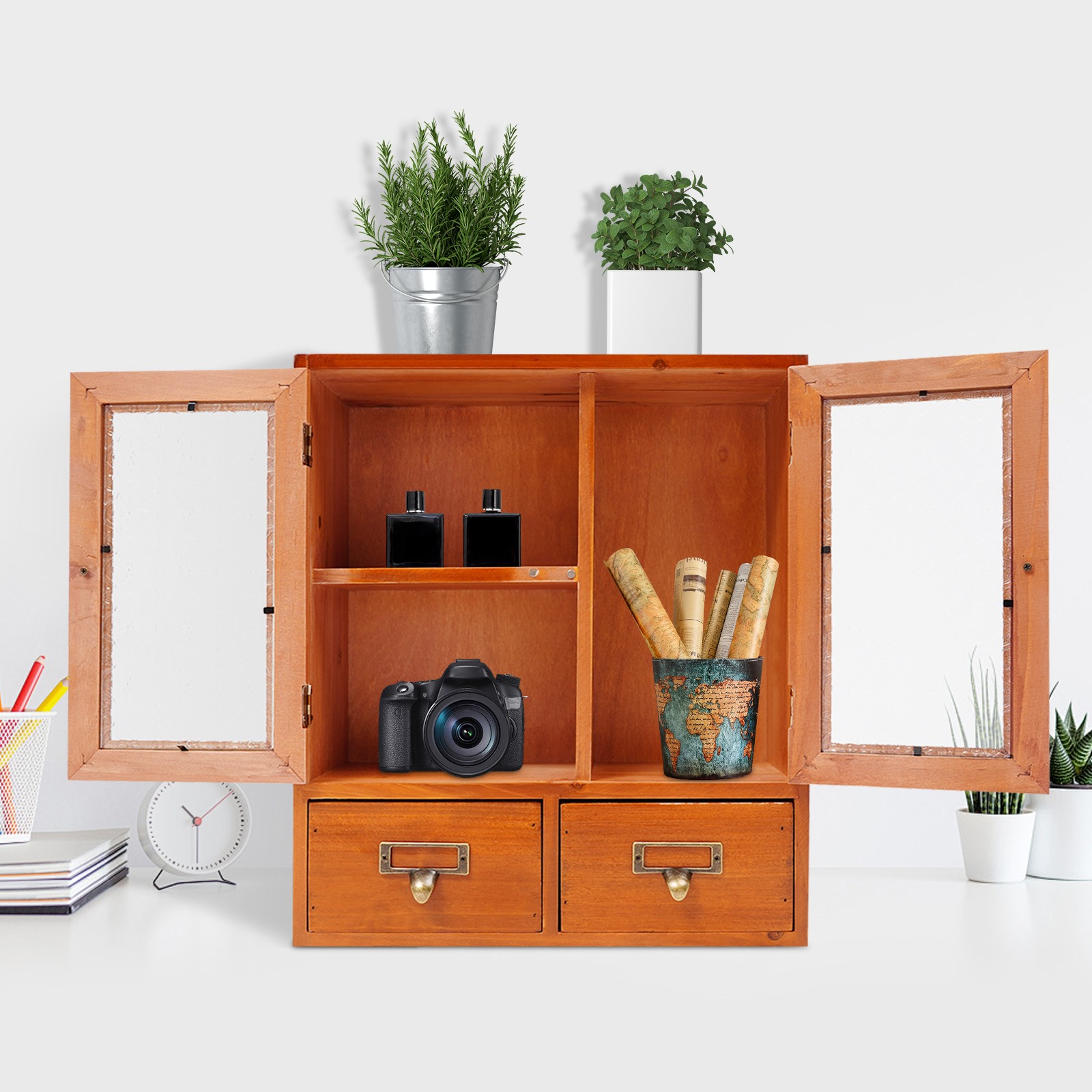 Vintage Tabletop Organizer, Wooden Storage Drawer Box, Storage Cabinet for Desk