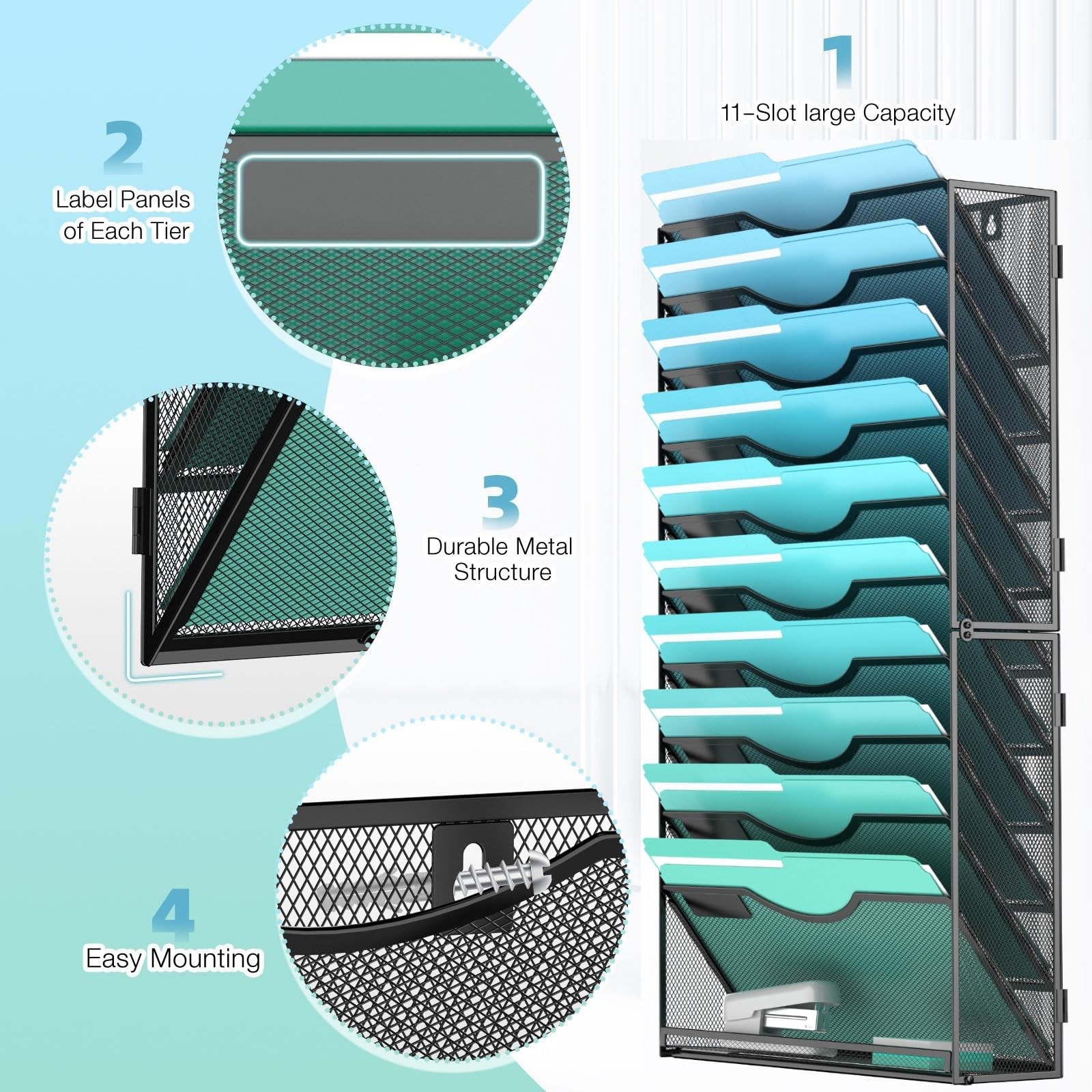 Gawerk 11-Tier Wall File Organizer Hanging Holder 11-T, Black