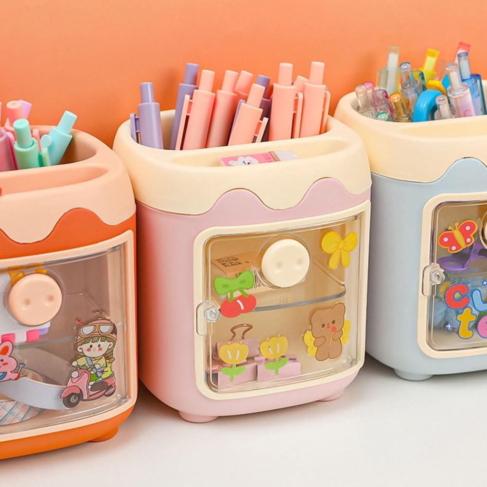 3Pcs Cute Cartoon Pig Pen Holder, Multi-Grid Desk Organizer with Drawer,…