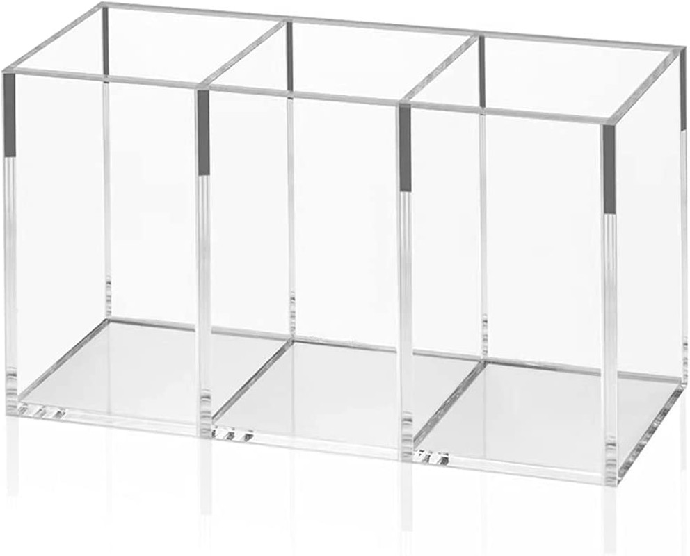 Acrylic Pen Holder 3 Compartments, Clear Pencil Organizer Cup for Countertop Des