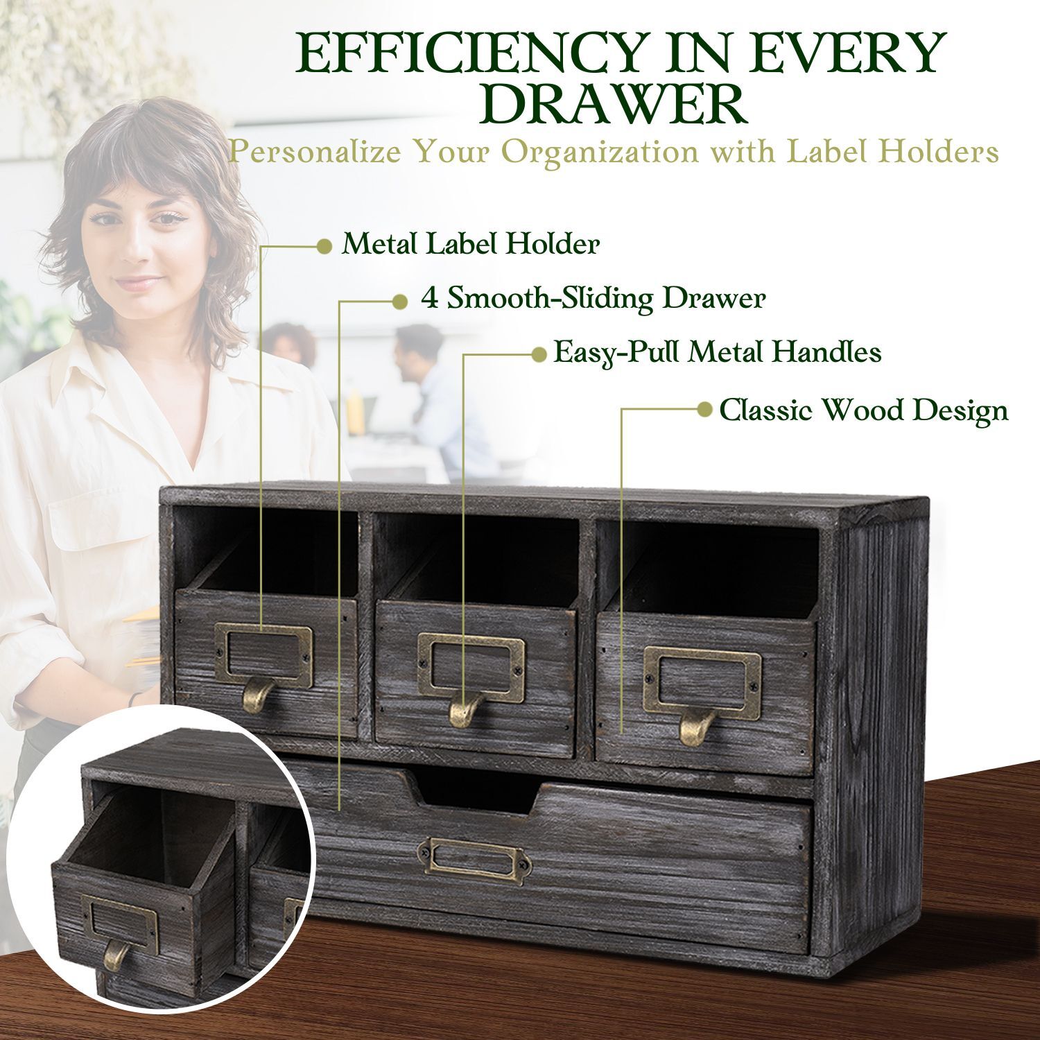 4 Drawer Wooden Desk Organizers – Vintage Rustic Apothecary Wood Desktop Storage