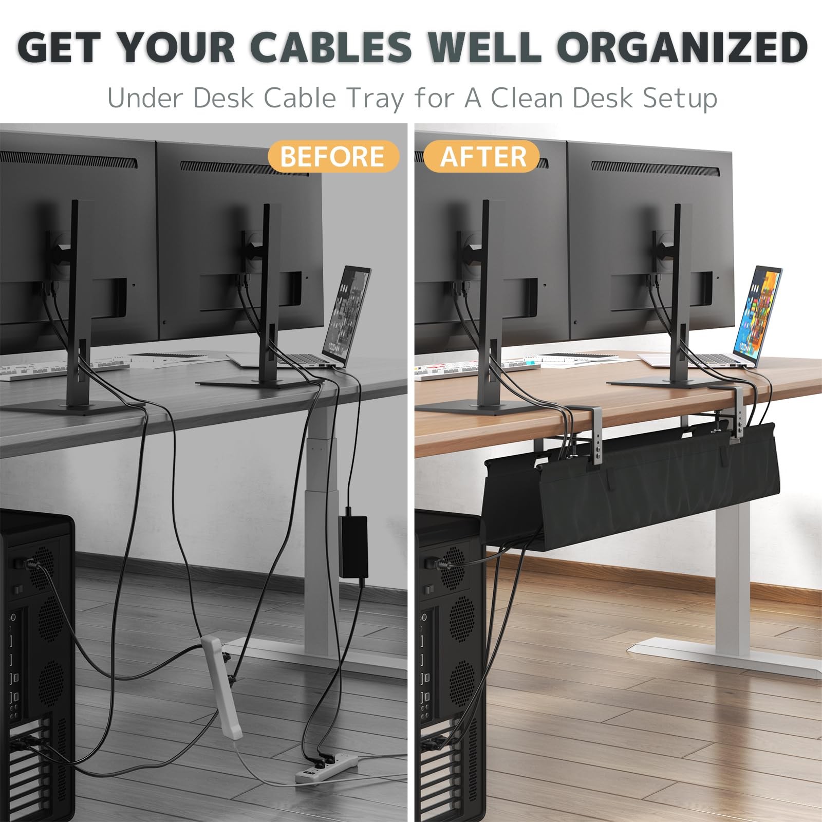 No Drill Under Desk Cable Management Tray – 36″ Clamp/Screw 36″W, Black