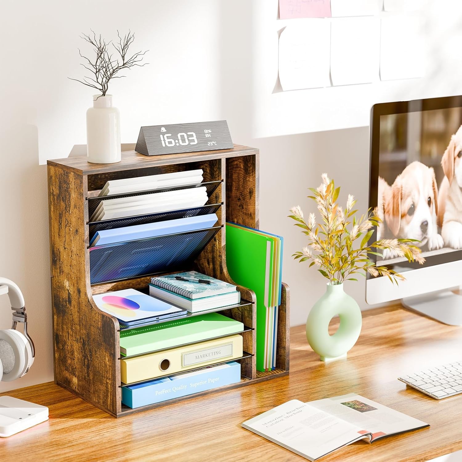 Simple Trending 7 Tier Desk File Organizer, Wooden Letter Tray Paper Organizer