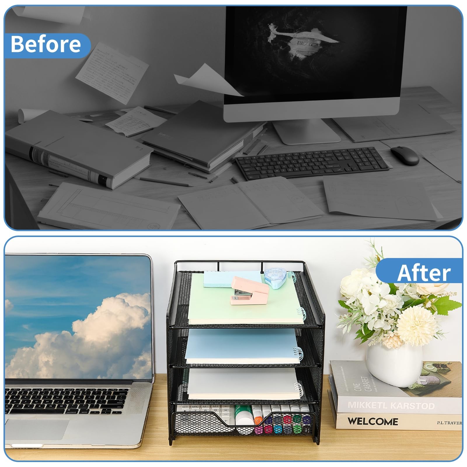 Desk Organizer, 4-Tier Desktop File Organizer with Drawer, Office Desk Access…