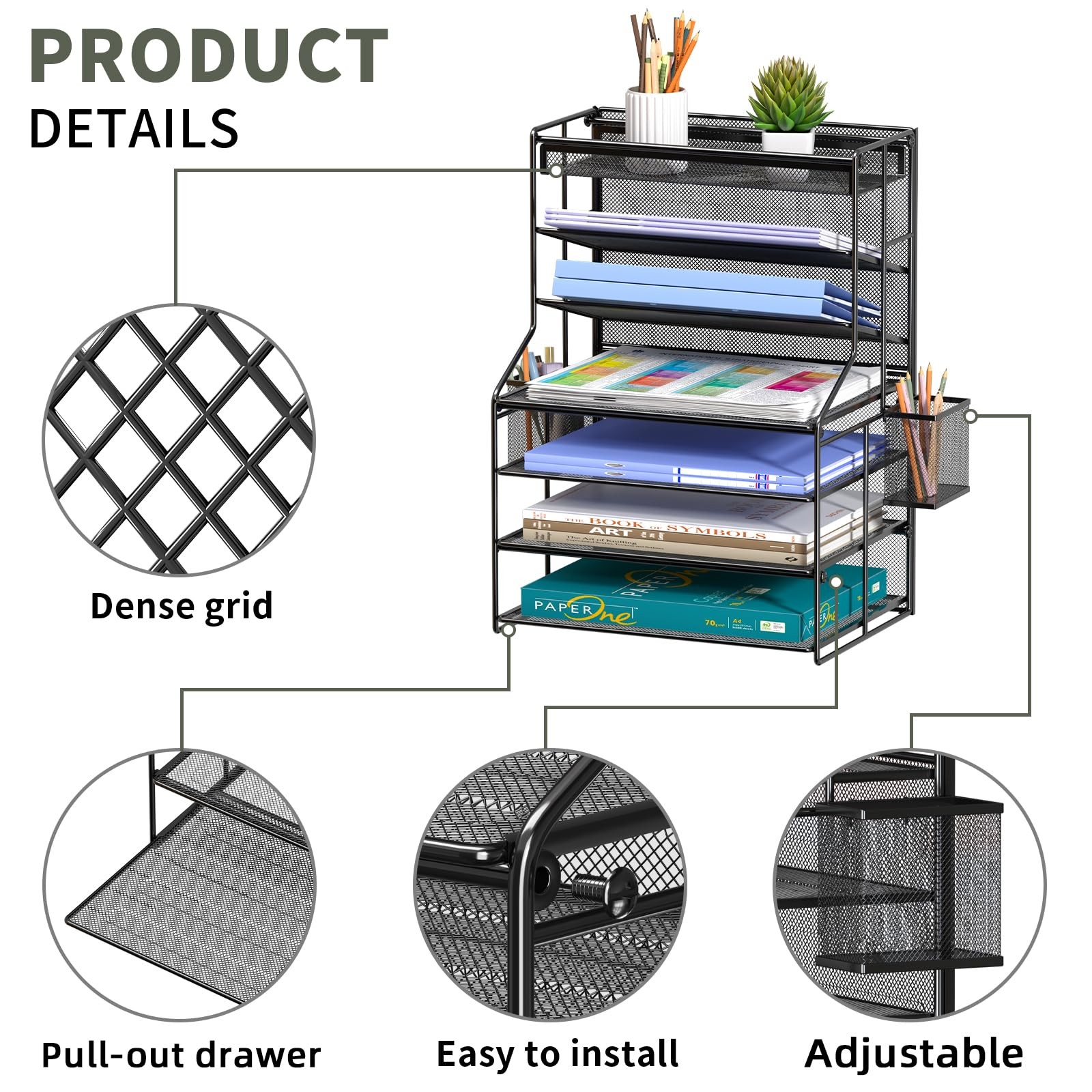 7 Tier Desk File Organizer Metal Document Holder Adjustable Shelves Drawer