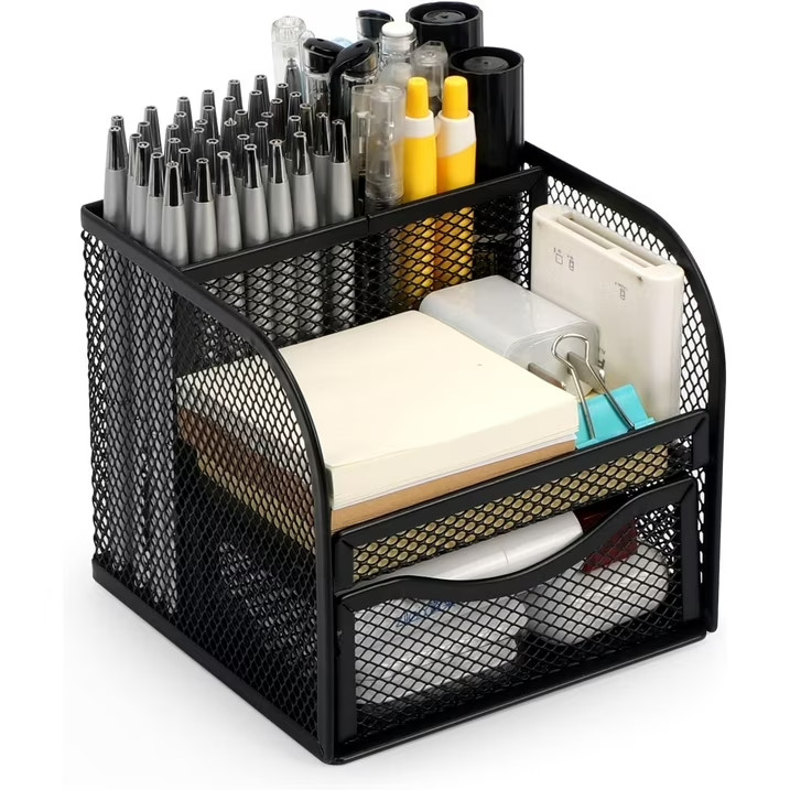 Mesh Desk Organizer with Drawer Metal Pen Pencil Holder Cup Office Desktop Stora