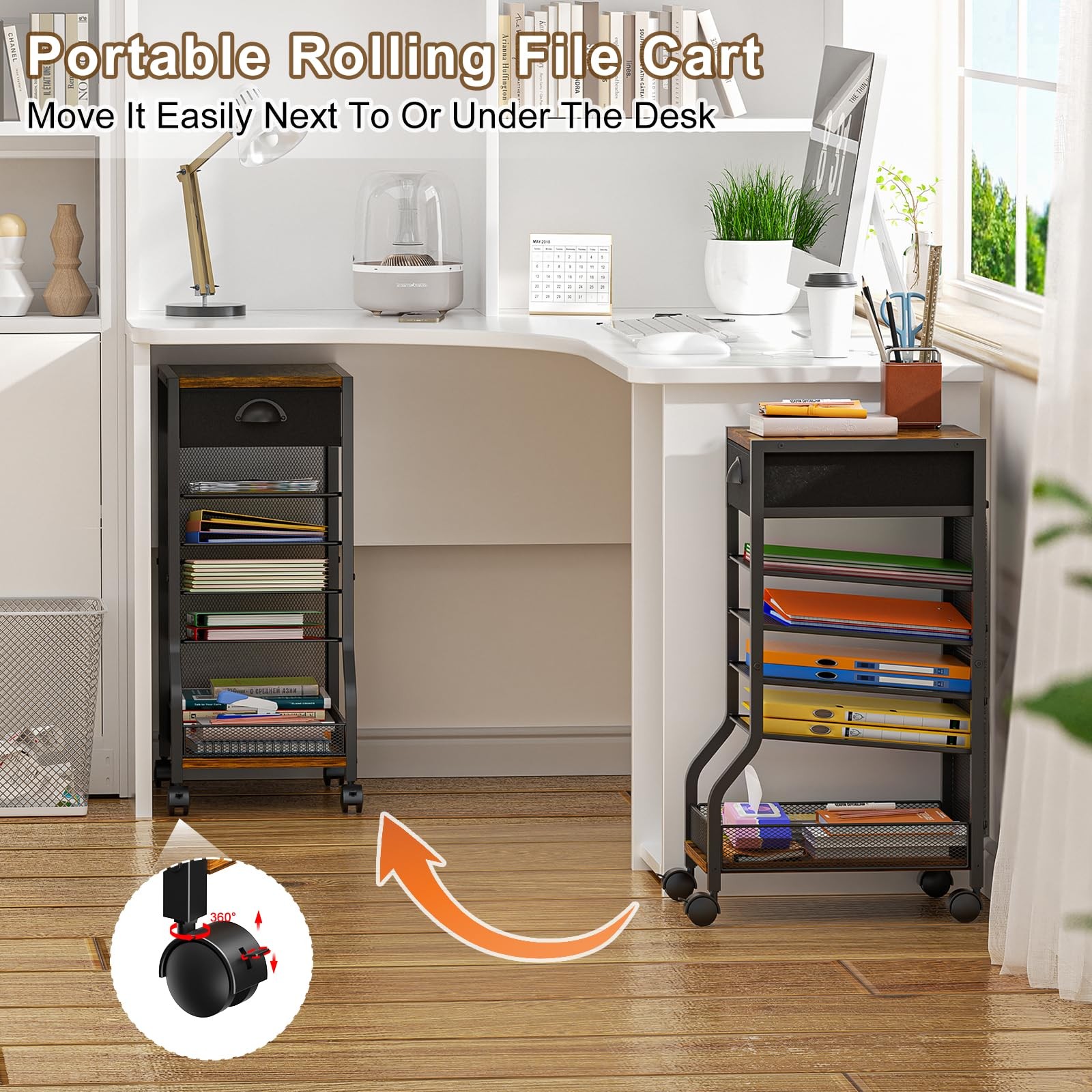 6-Tier Rolling File Cart with Drawer, Under Desk Storage with Letter Sliding …