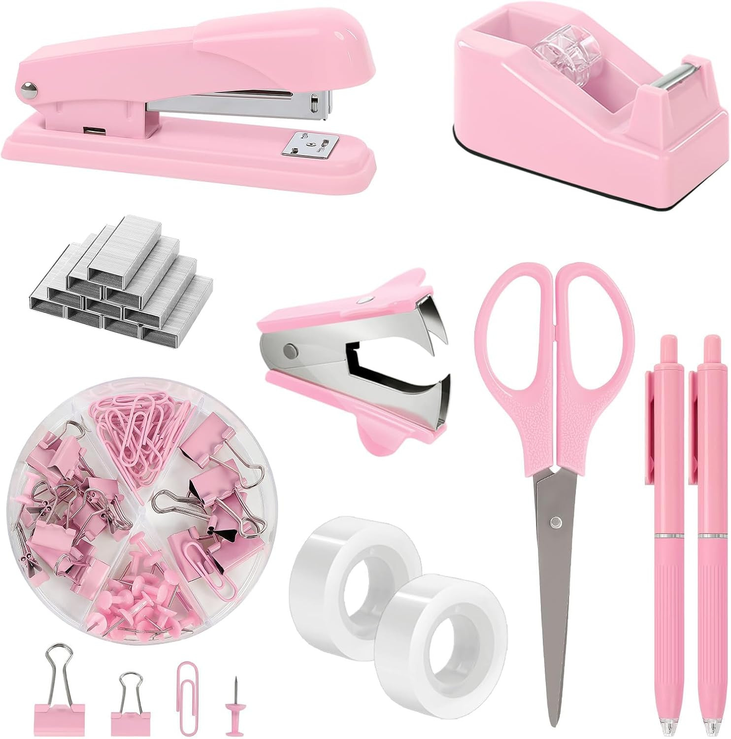Pink Office Desk Accessories, Pink Office Supplies, Stapler, Tape Dispenser, Sci