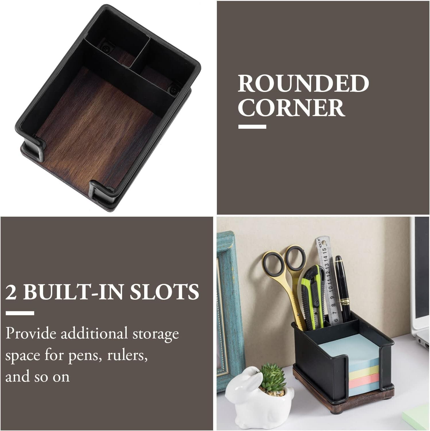 Black Metal Office Stationery Organizer with Sticky Note Holder and 2 Pen Slots