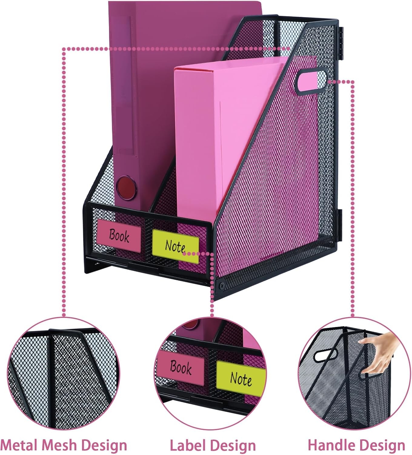 Desk Organizers, Metal Magazine File Holder with 2 Vertical Compartments Rack Bi