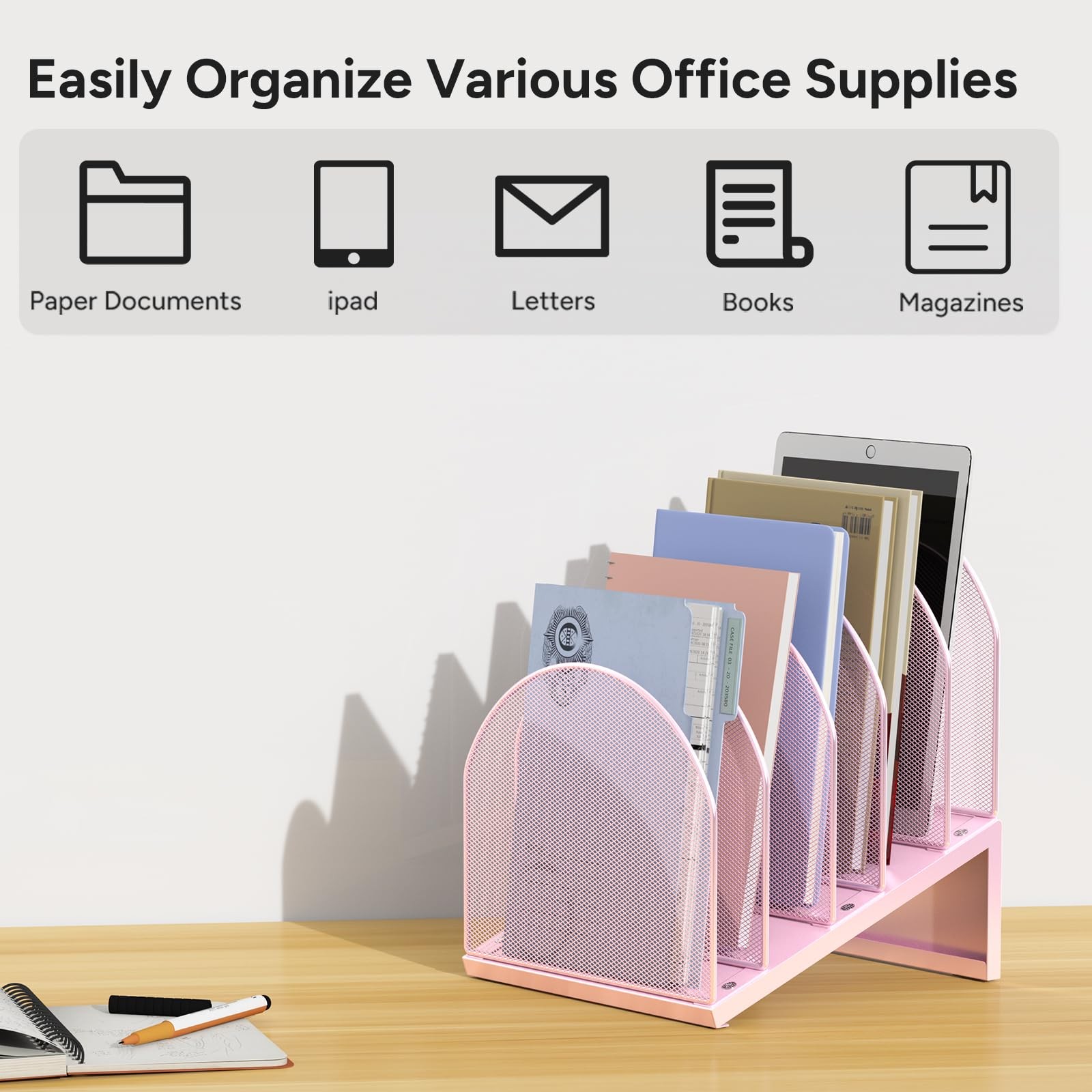 5 Section Desk File Organizer Metal Mesh Folder Documents Mail Pink