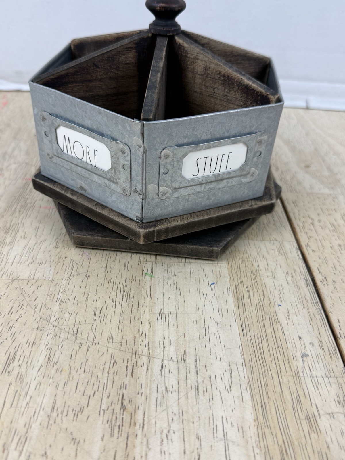 Rae Dunn Galvanized Steel & Wood Metal Rotating Spinning Rustic Desk Organizer