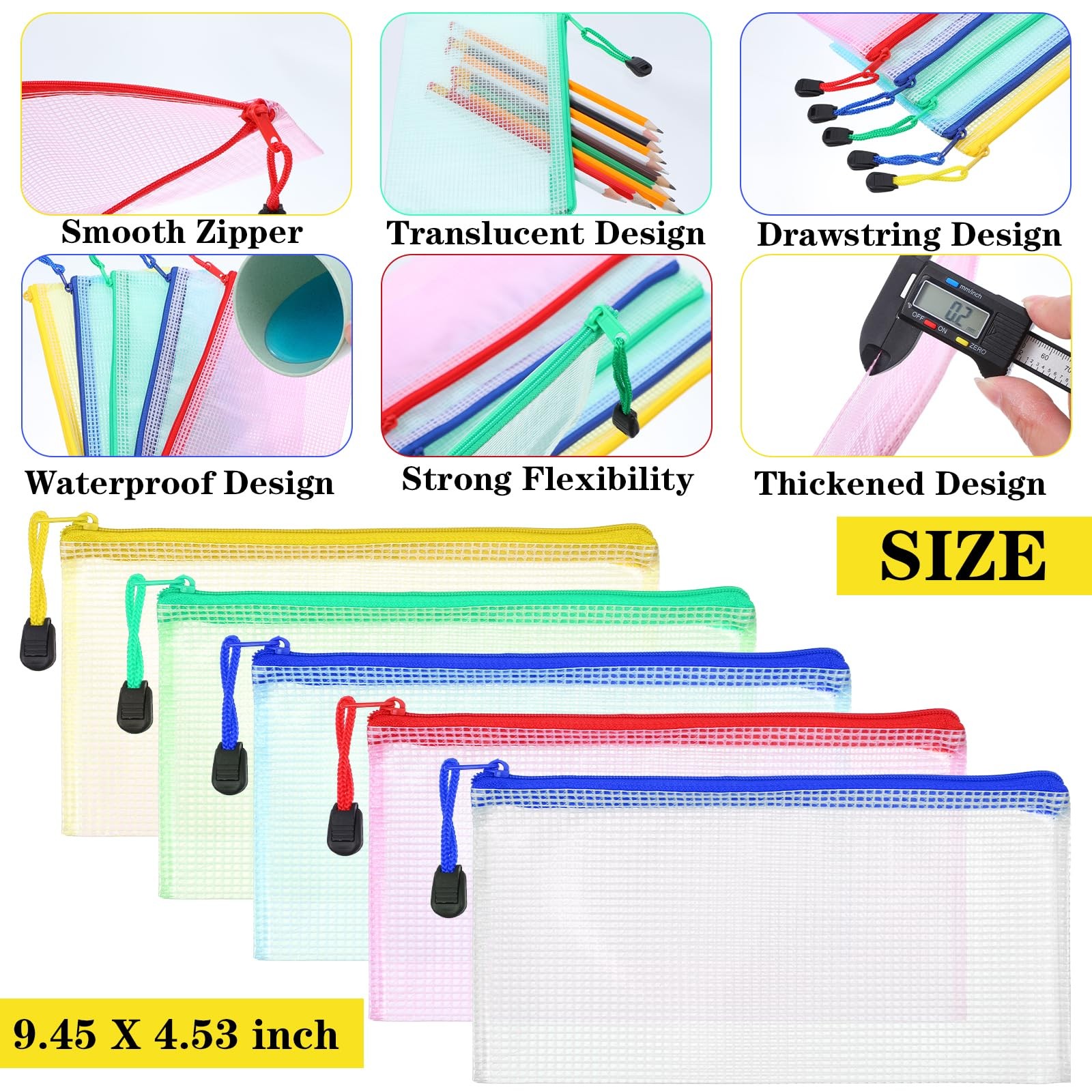 100 PCS Mesh Zipper Pouch Pencil Clear File Bag Waterproof 8.6×4.33 Inch