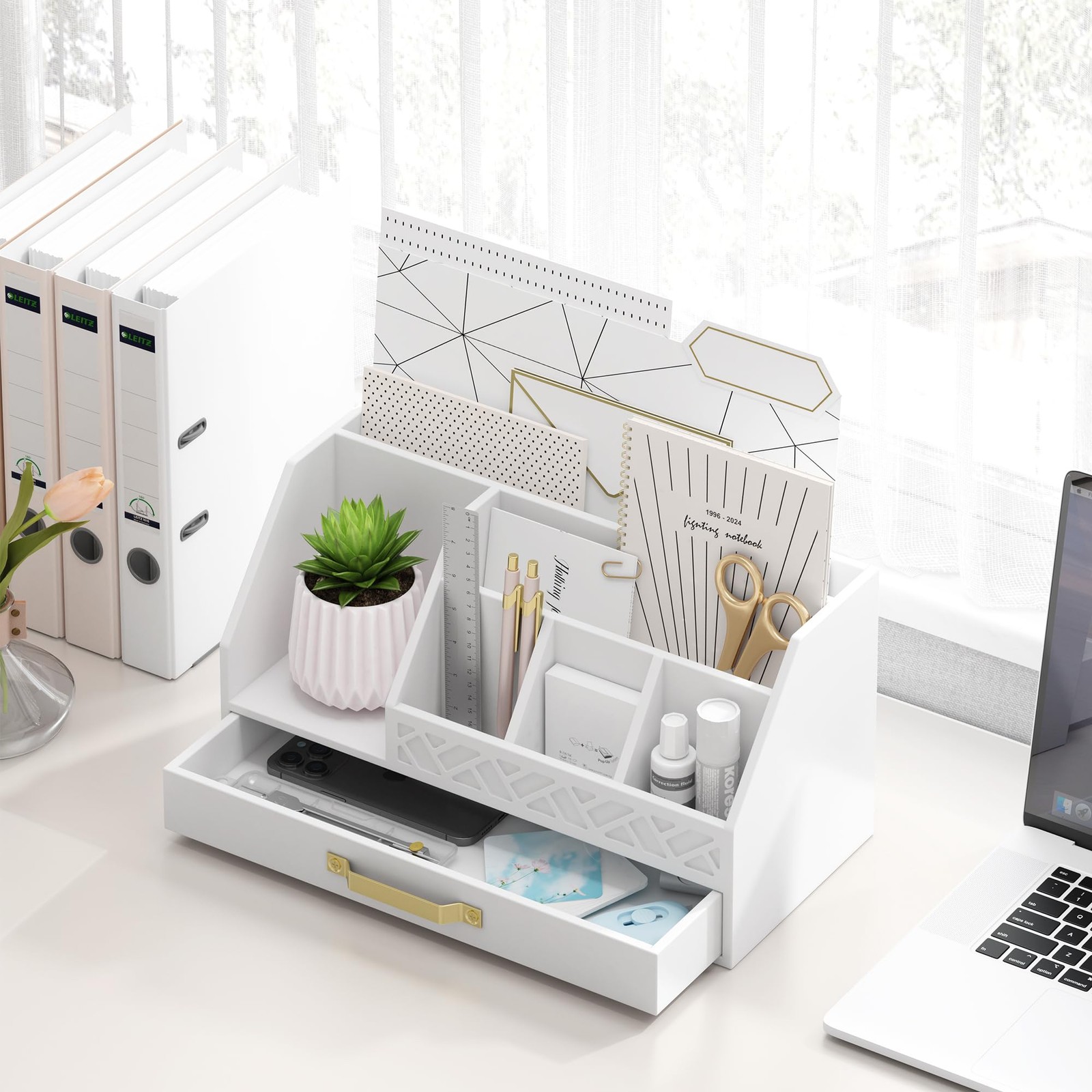 Wisuce Bamboo Mail Organizer Countertop with Drawers, Wooden Desk White