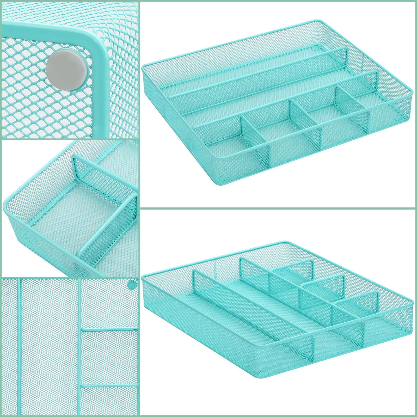 Desk Top Organizer Tray Metal Mesh Storage Dividers Large Turquoise Office