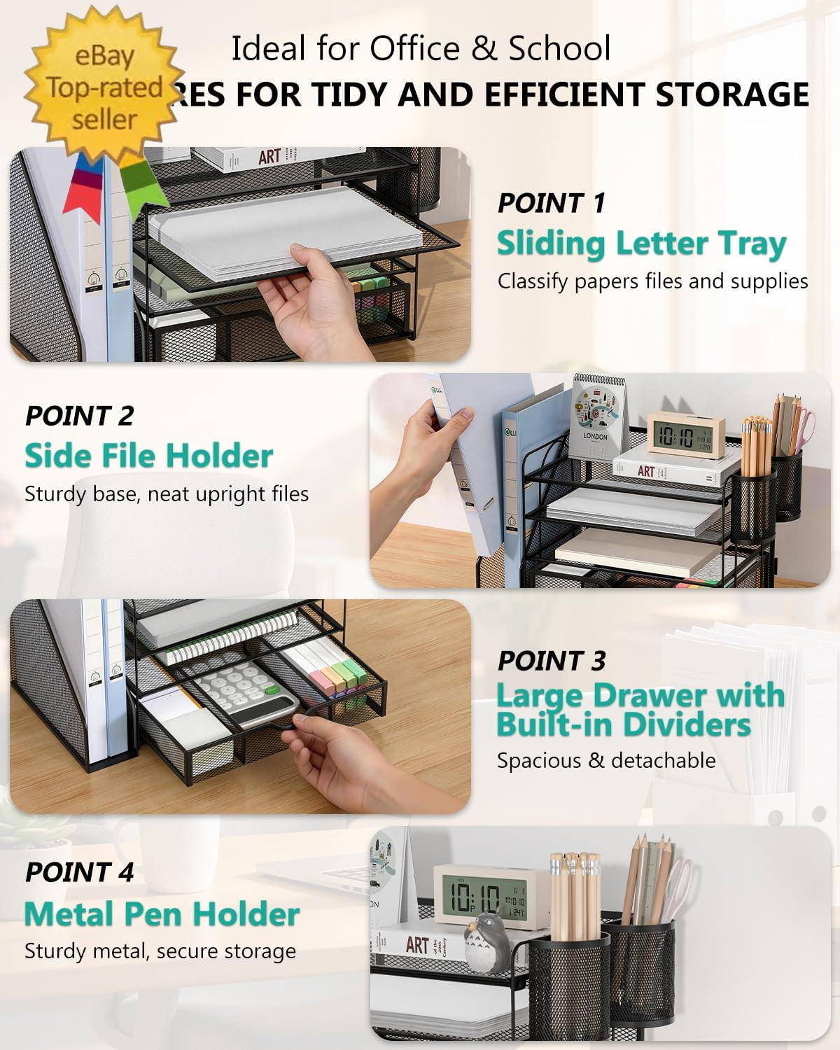 Desk File Organizer, 4 Tier Desktop Paper Letter Tray Organizer with Drawer and