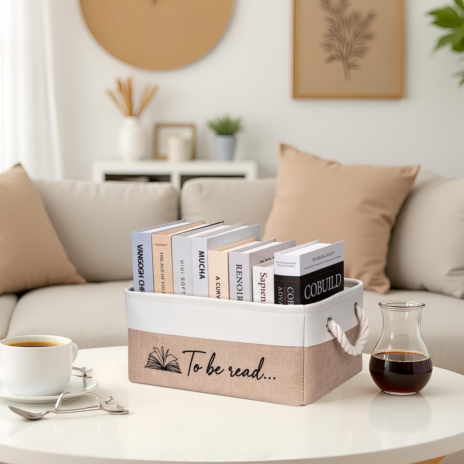 TBR Book Storage Basket To Be Read Organizer Bin Bookish Gift Khaki Decor