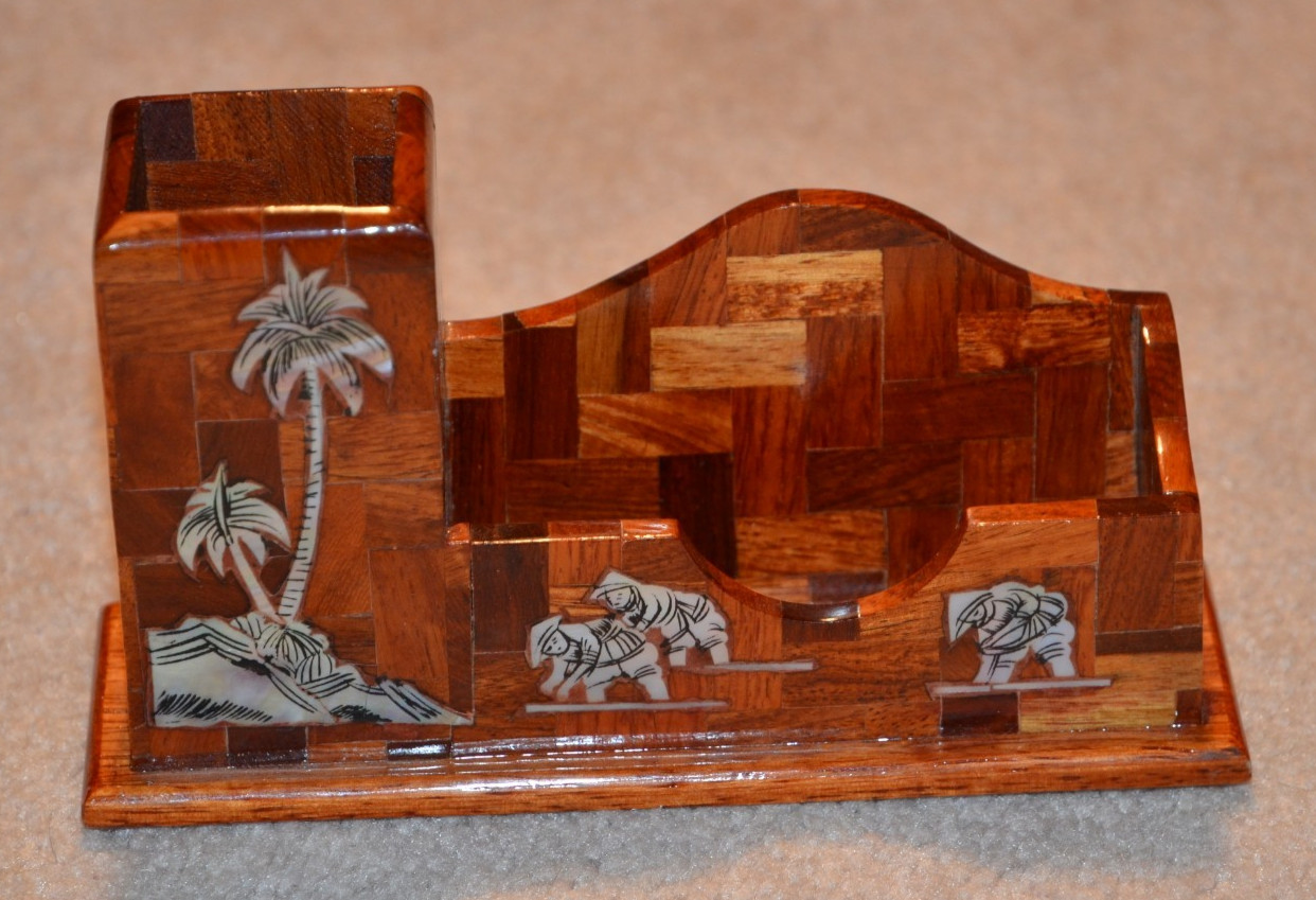 Mother of Pearl & Lacquered Wood Business Card or Note & Pencil Holder Abalone