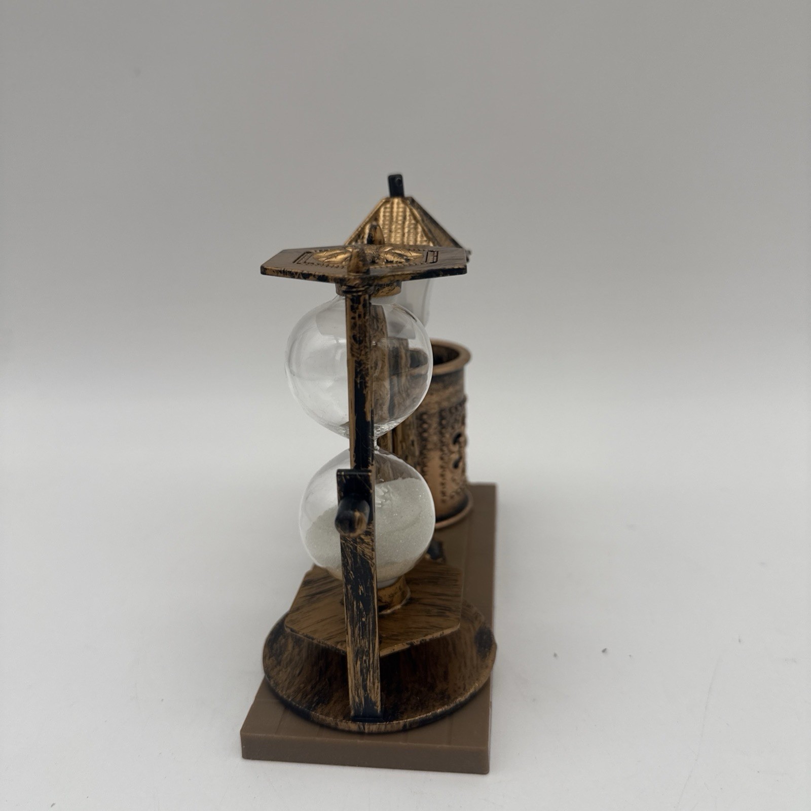 Vintage Desk Organizer Set with Hourglass Timer Bronze Pen Holder Decor, New USA