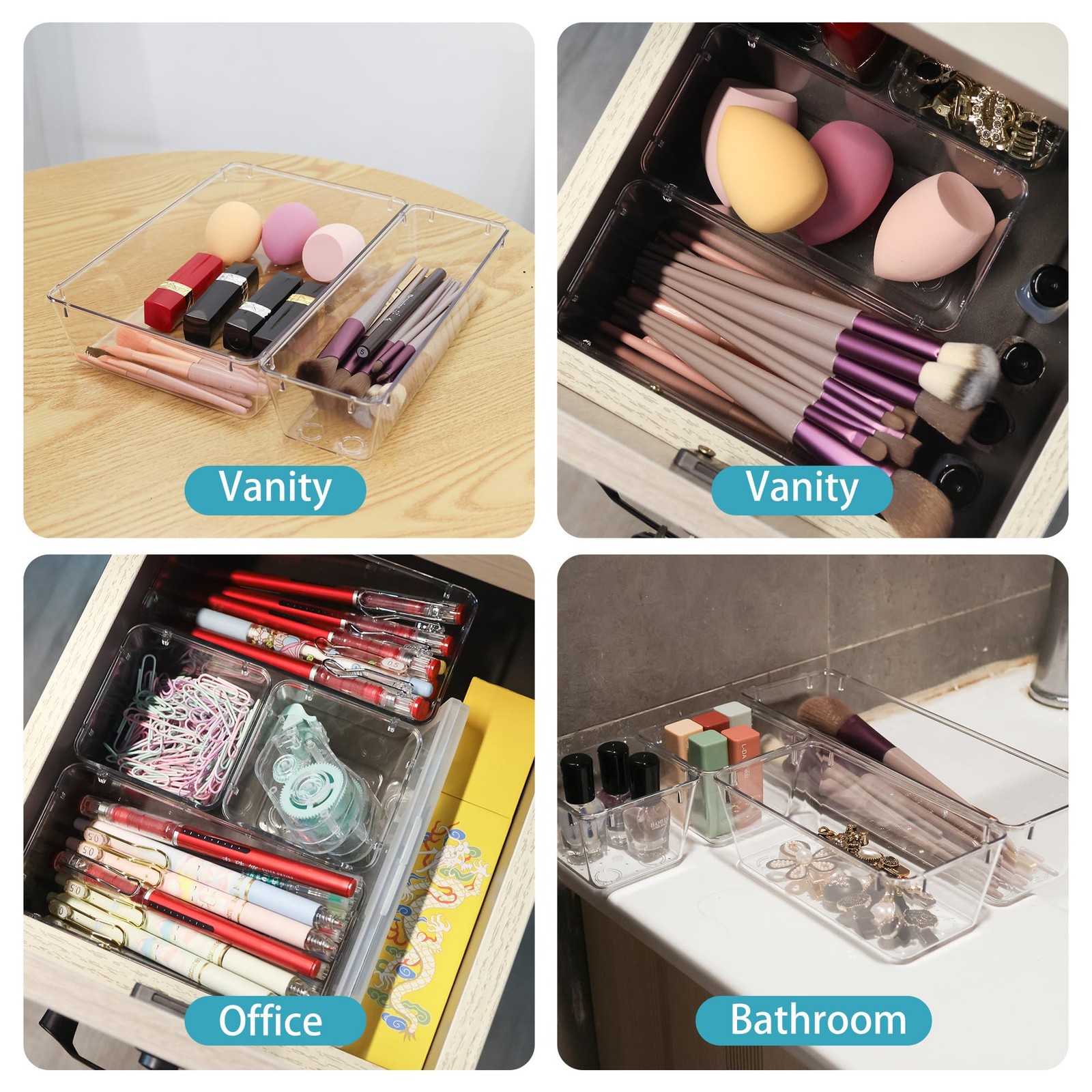 ATVAX 6 Pack Clear Drawer Organizer Set,Office Bin Desk 6PCS,