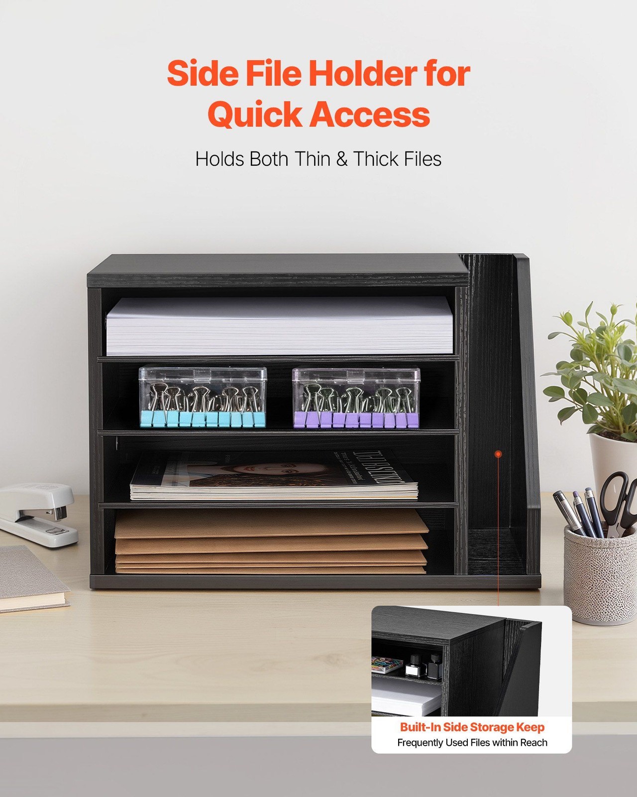 4-Compartment Wooden Mailbox: Desktop Document Organizer with Side File Holder