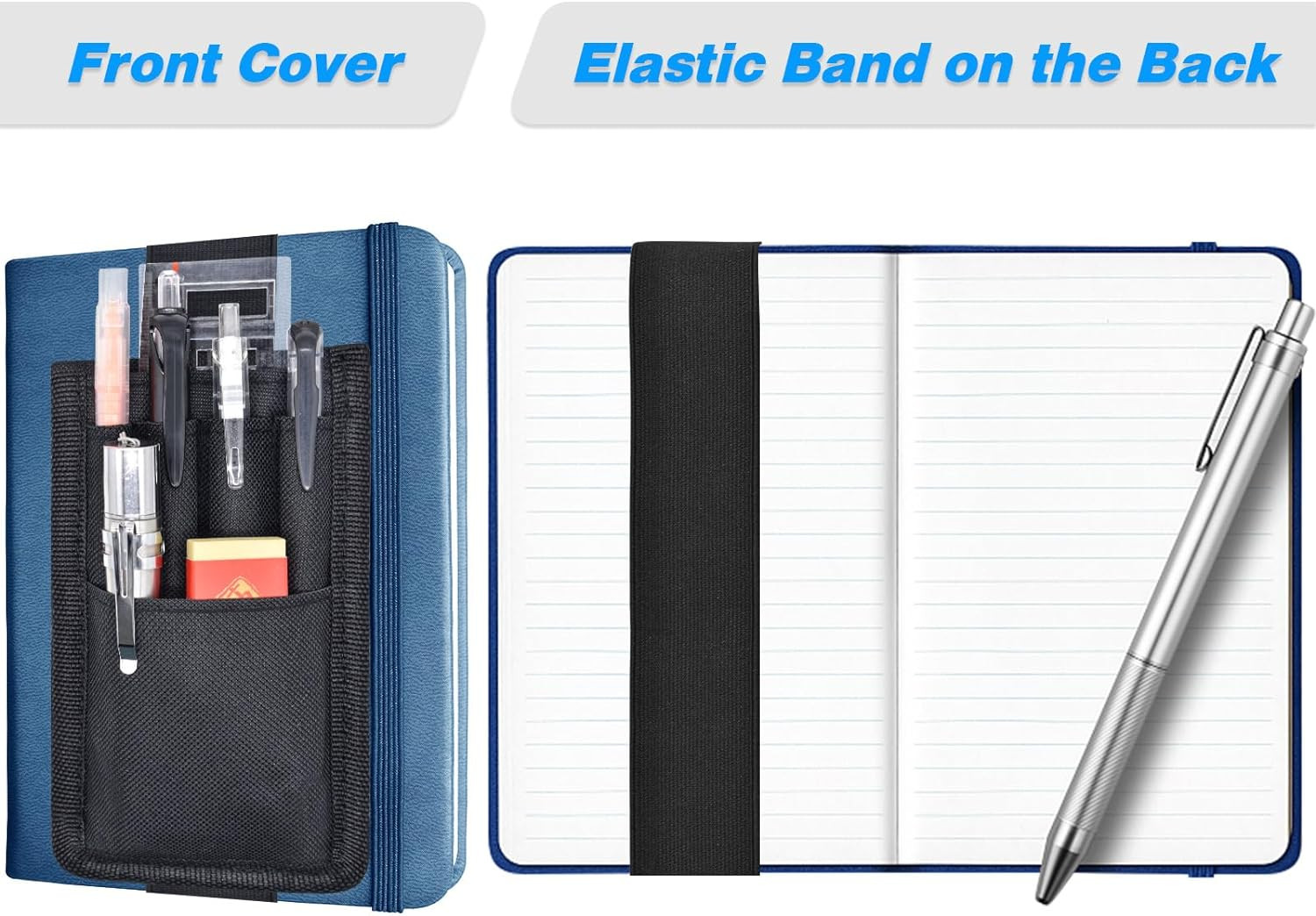2 Pcs Pen Holder for Notebook, 3 Adjustable Elastic Bands with 2 Pencil Clips fo