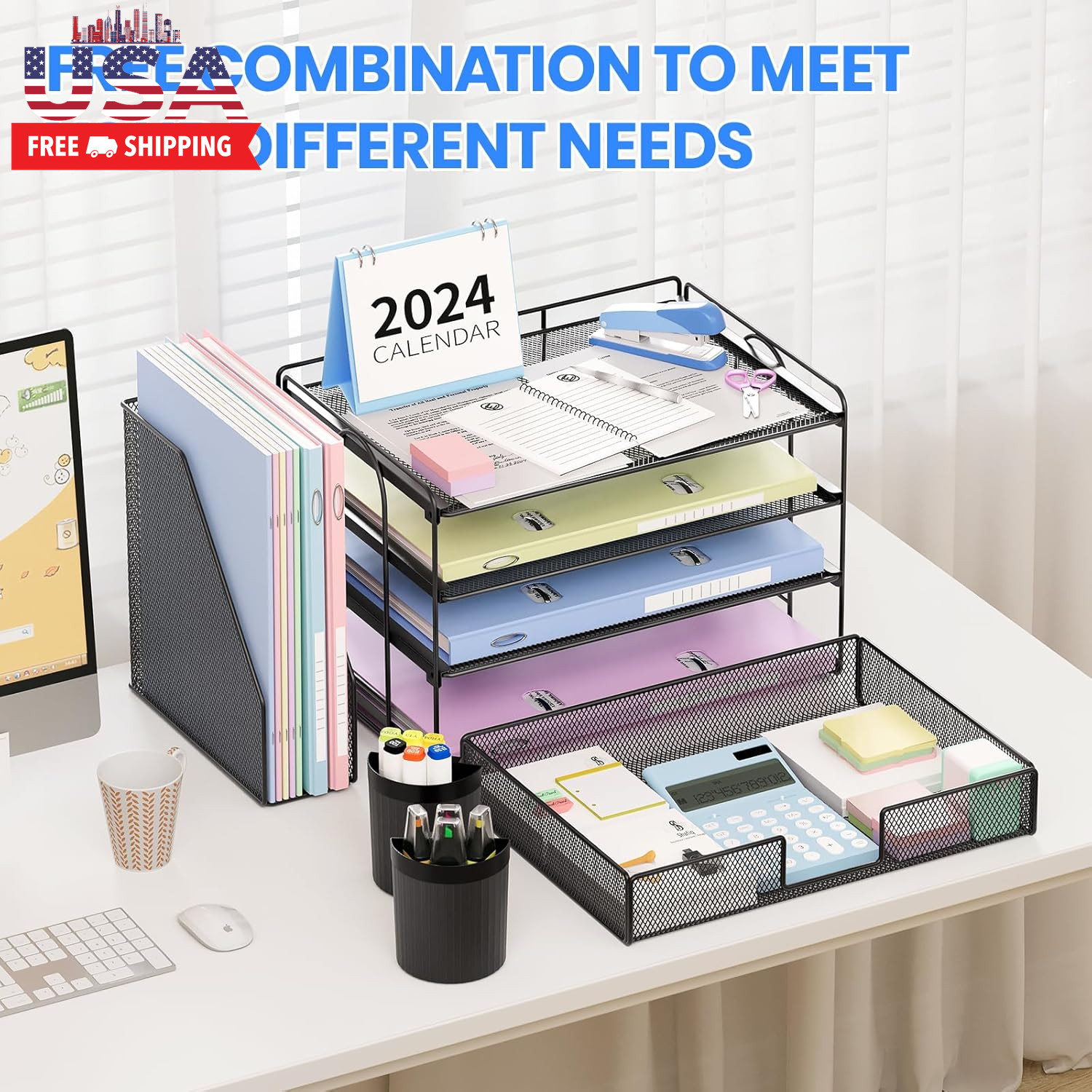 Desk Organizer, 4-Tier Desktop File Organizer with Drawer and 2 Pen Holders, Off