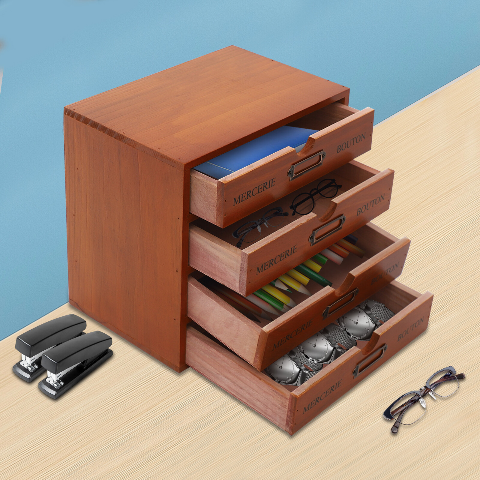 Desk Organizer with 4 Drawers, Vintage Wooden Storage Box Drawer Organizer NEW