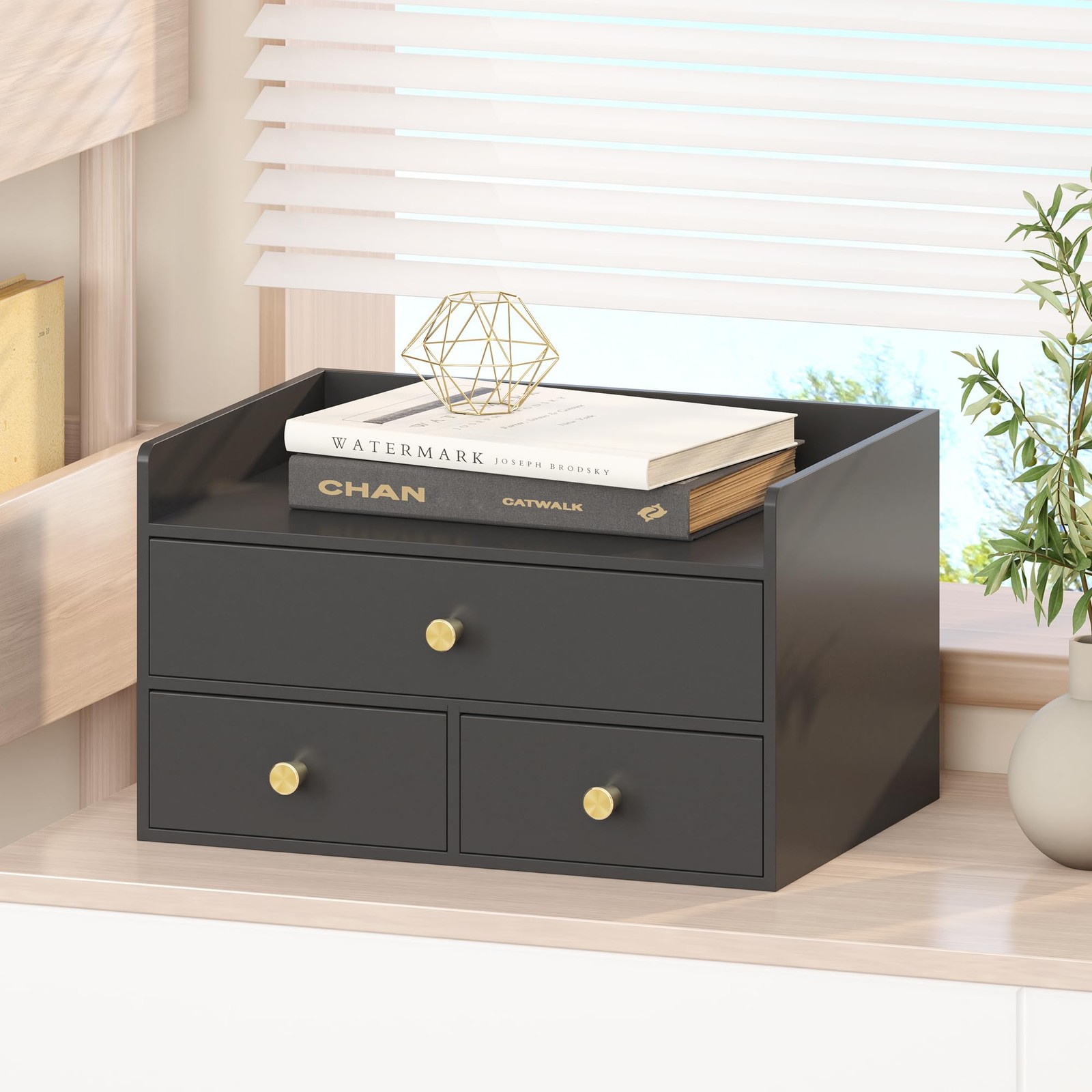 Bamboo Desk Organizer with Drawers Wooden Desktop Storage Black 3